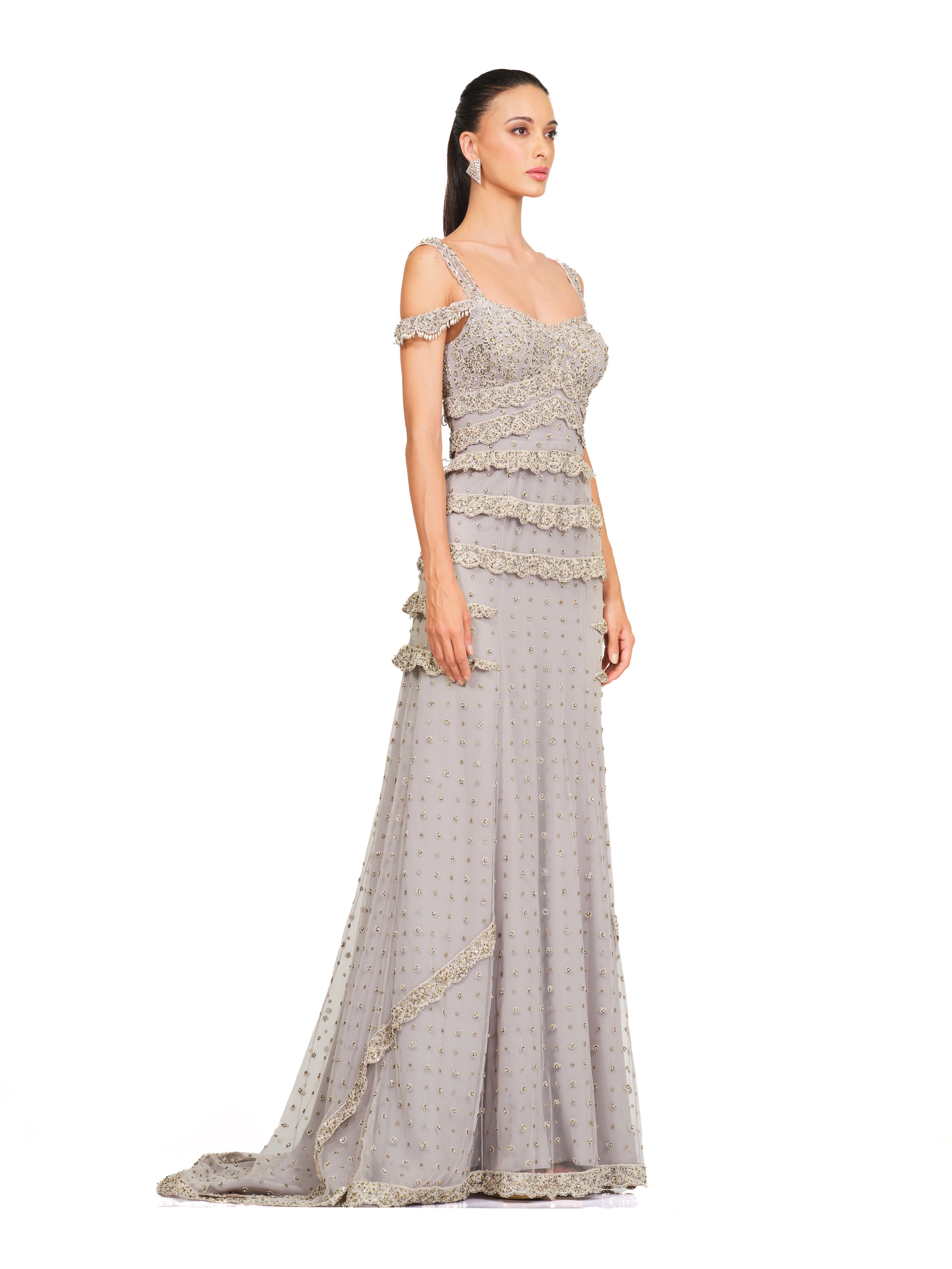 Grey Embroidered Straight Fit Gown With Cord Work Embroidery