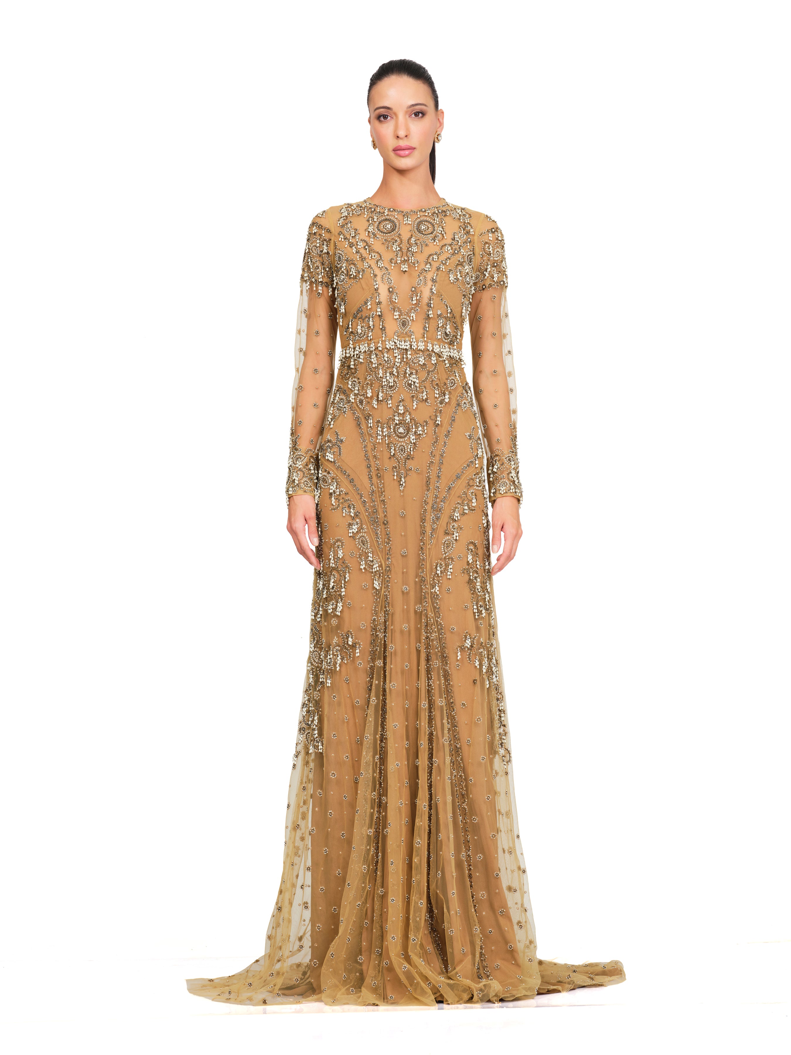 Beige Embroidered Full Sleeve Gown