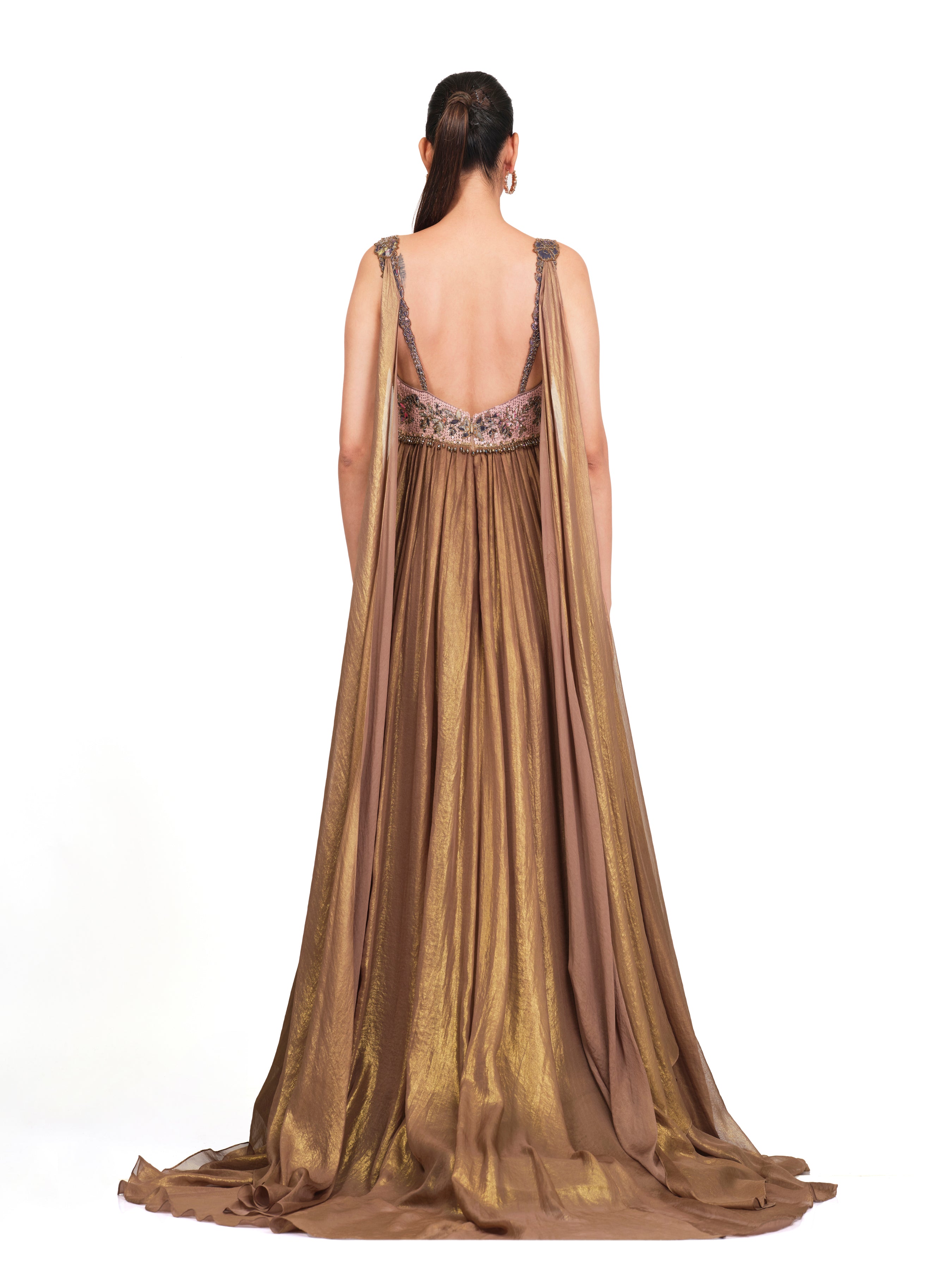 Shimmer Copper Gown With Embroidered Straps