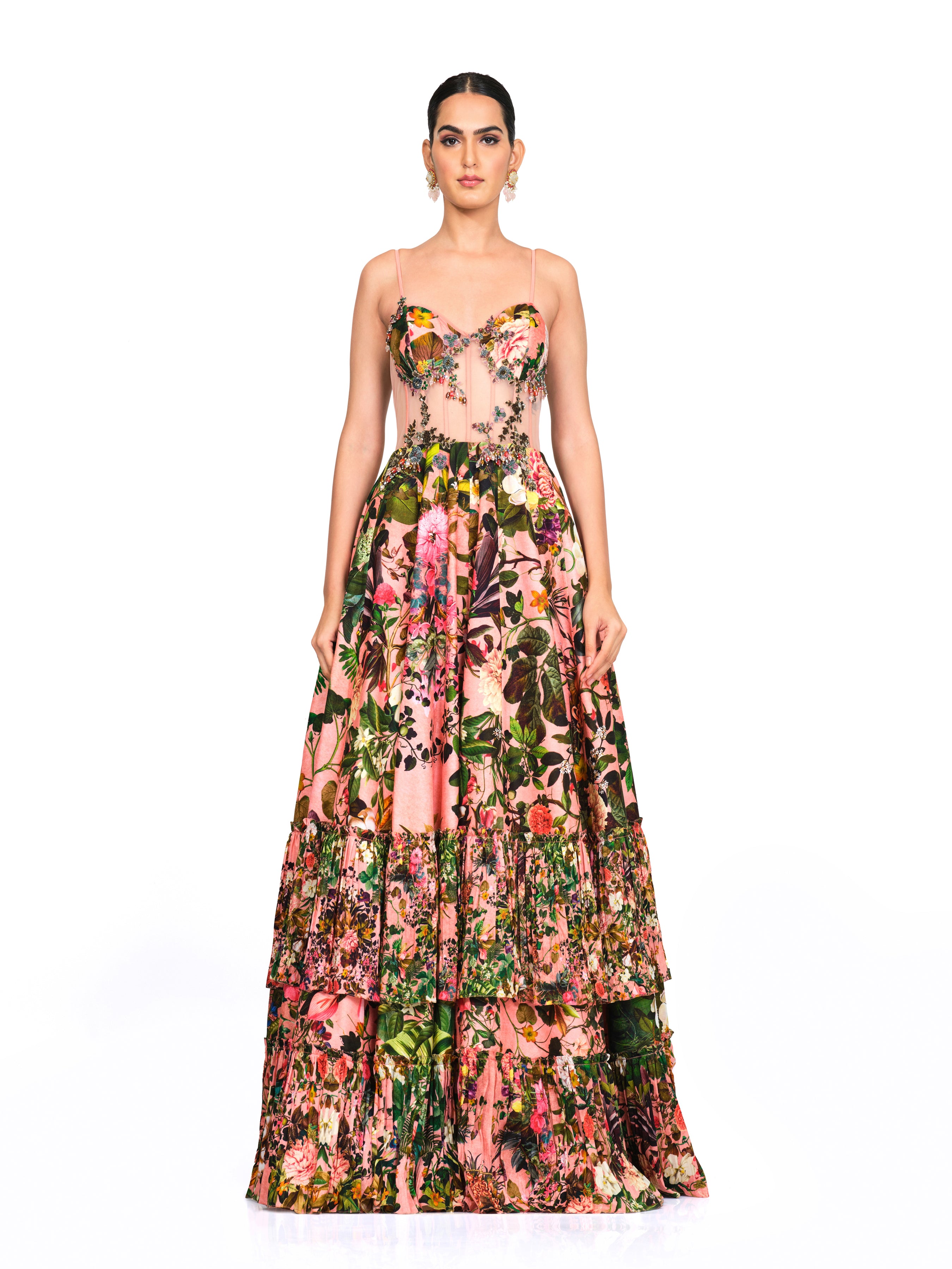 Printed Corset Gown With Appliqué Work