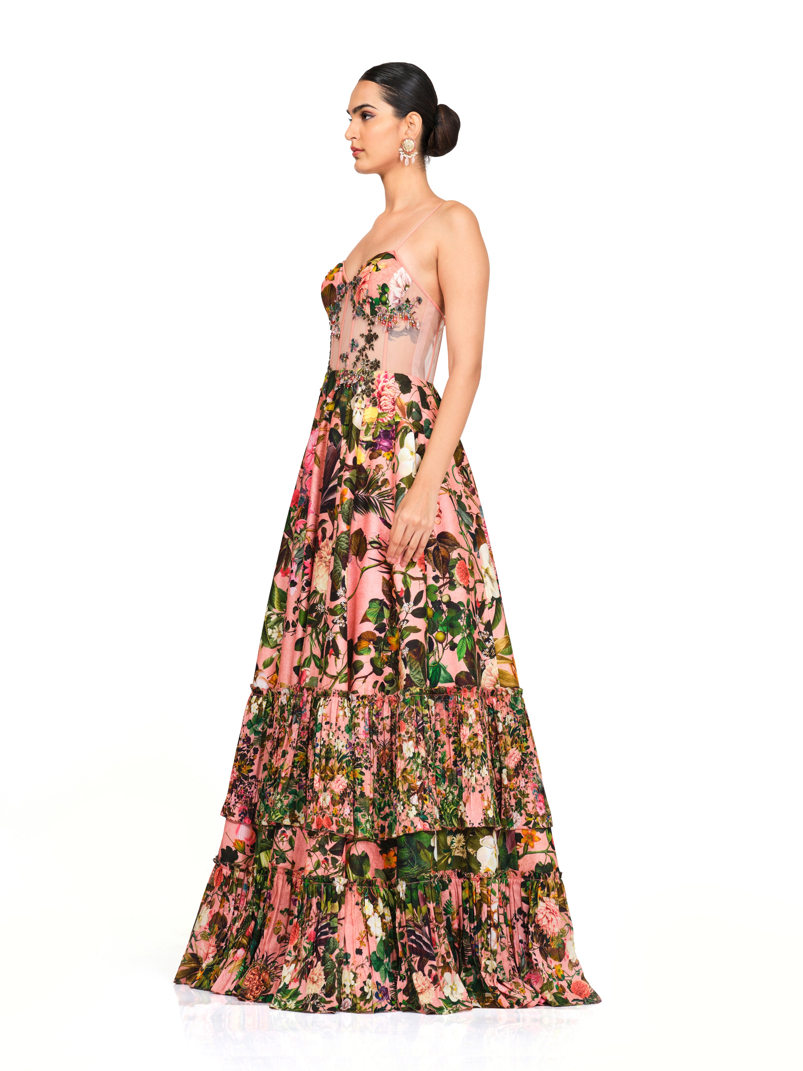 Printed Corset Gown With Appliqué Work