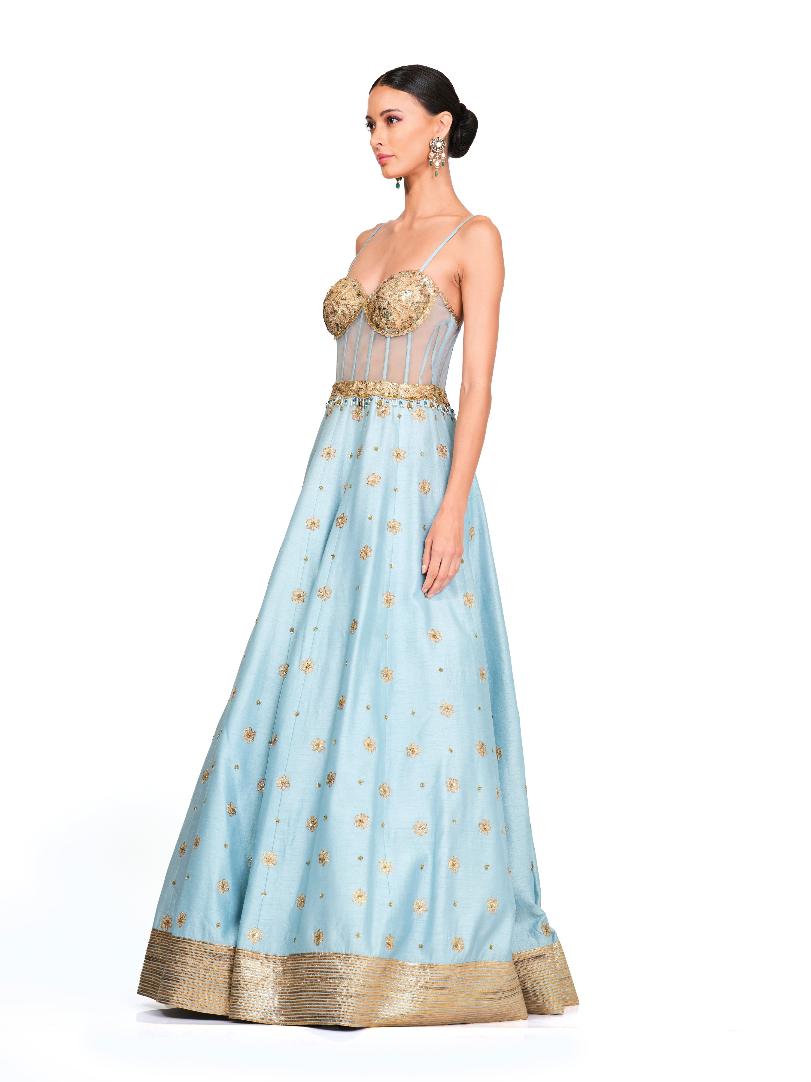 Silk Gown With Scattered Embroidered Bodice