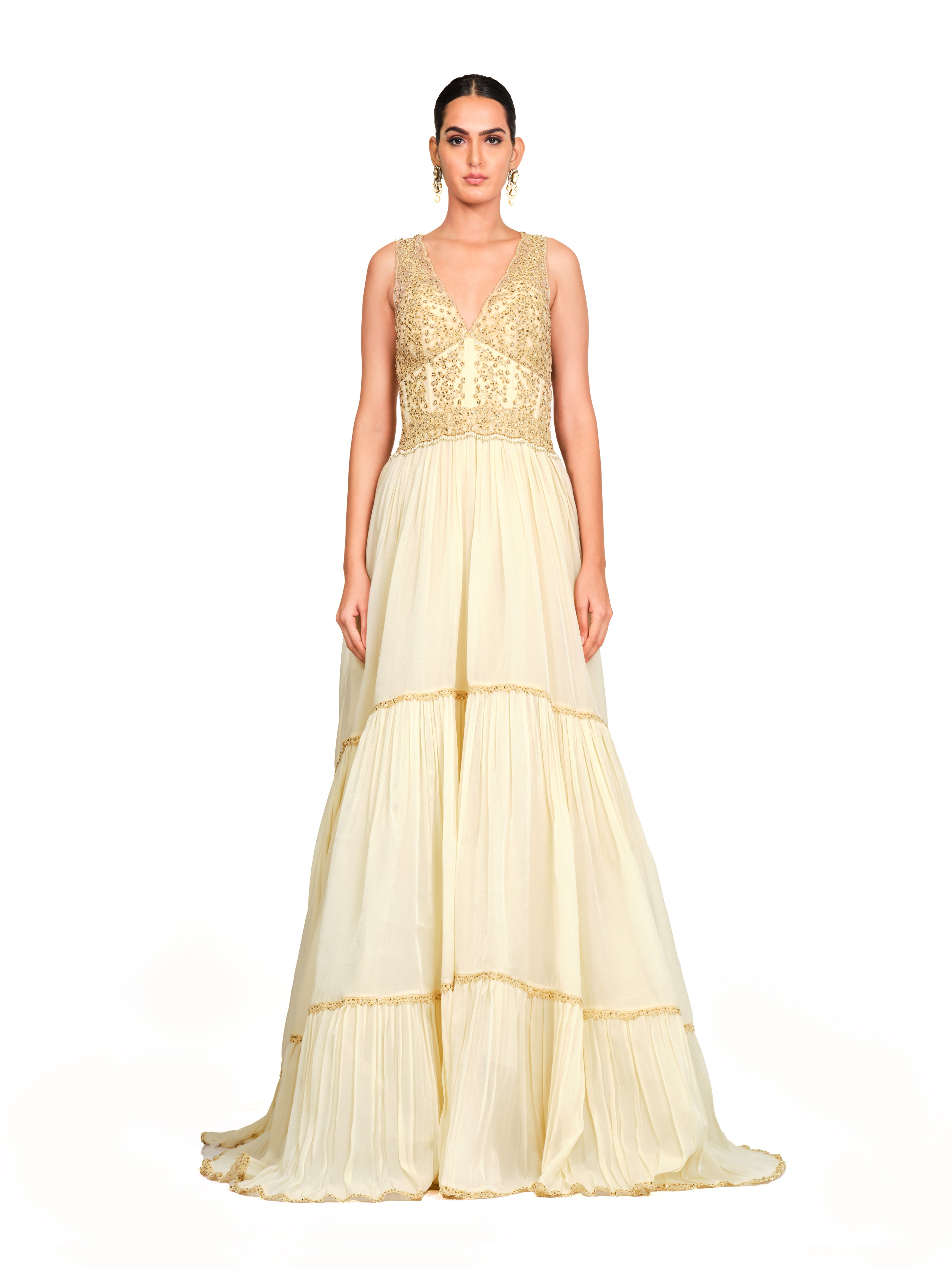 Flared Sleeveless Gown With Signature Cord-Work And Sequins Detailing