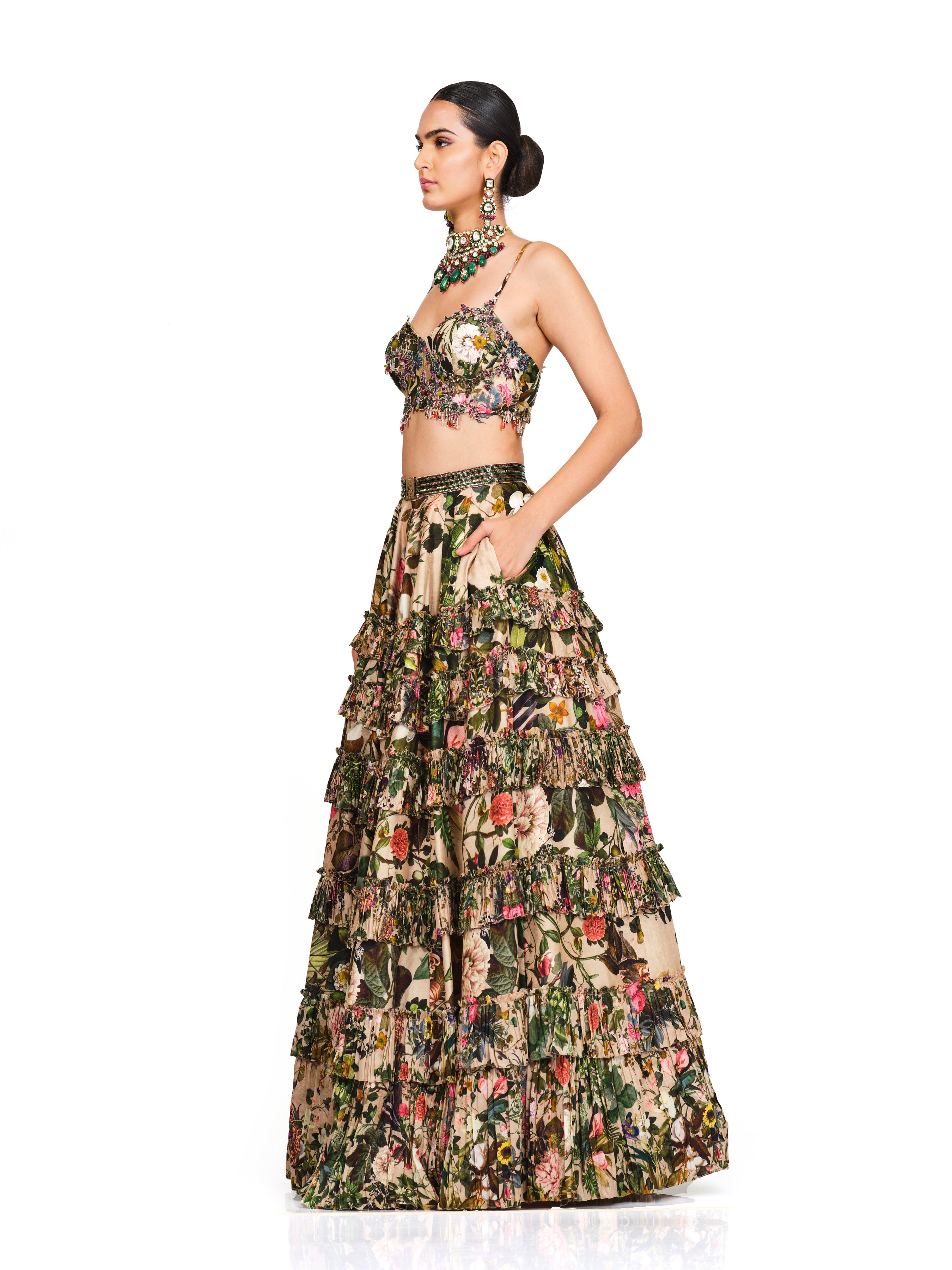 Printed Embroidered Bustier With Printed Lehenga