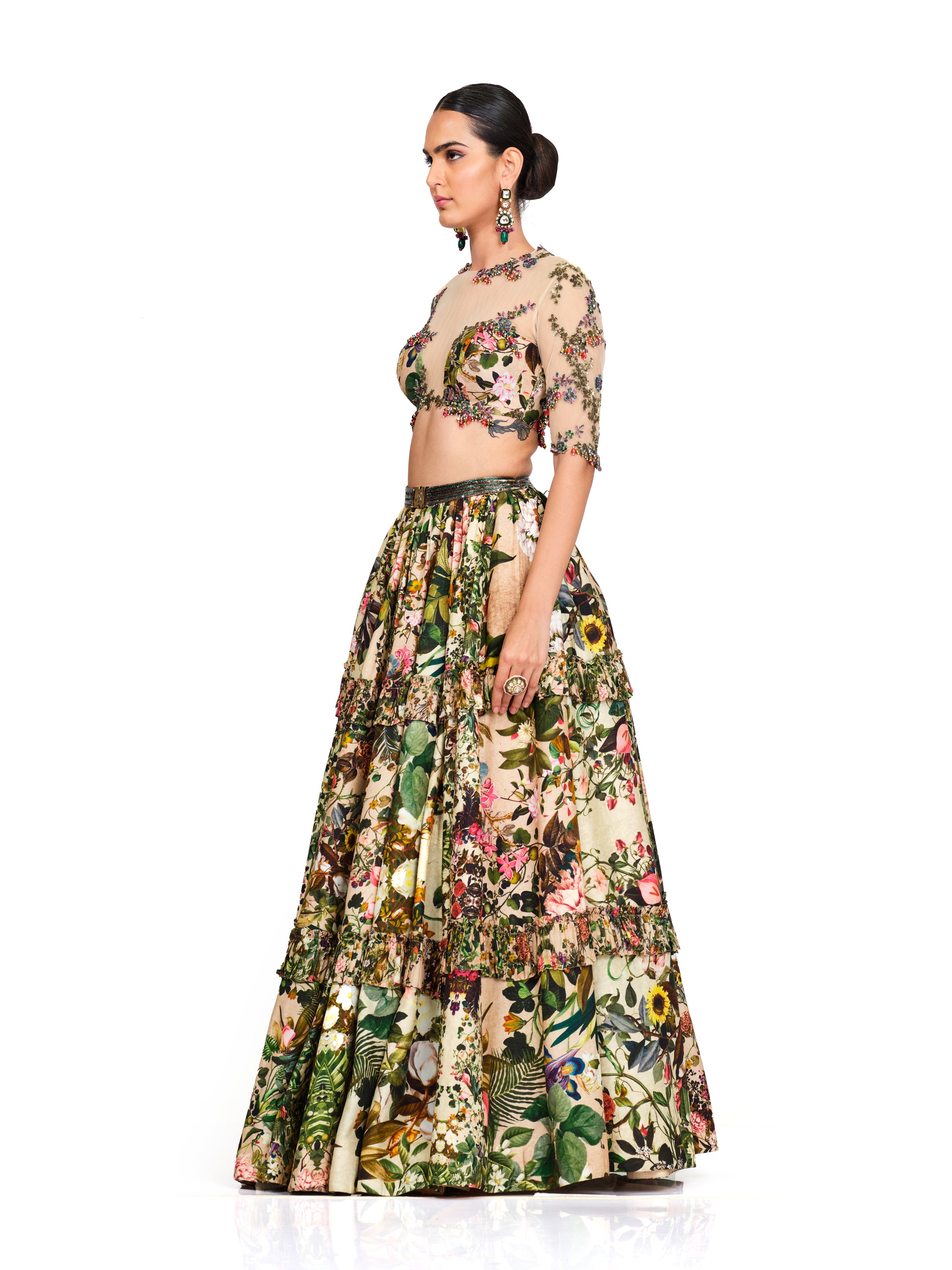 Sheer Net Embroidered Blouse With Layered Frill Lehenga