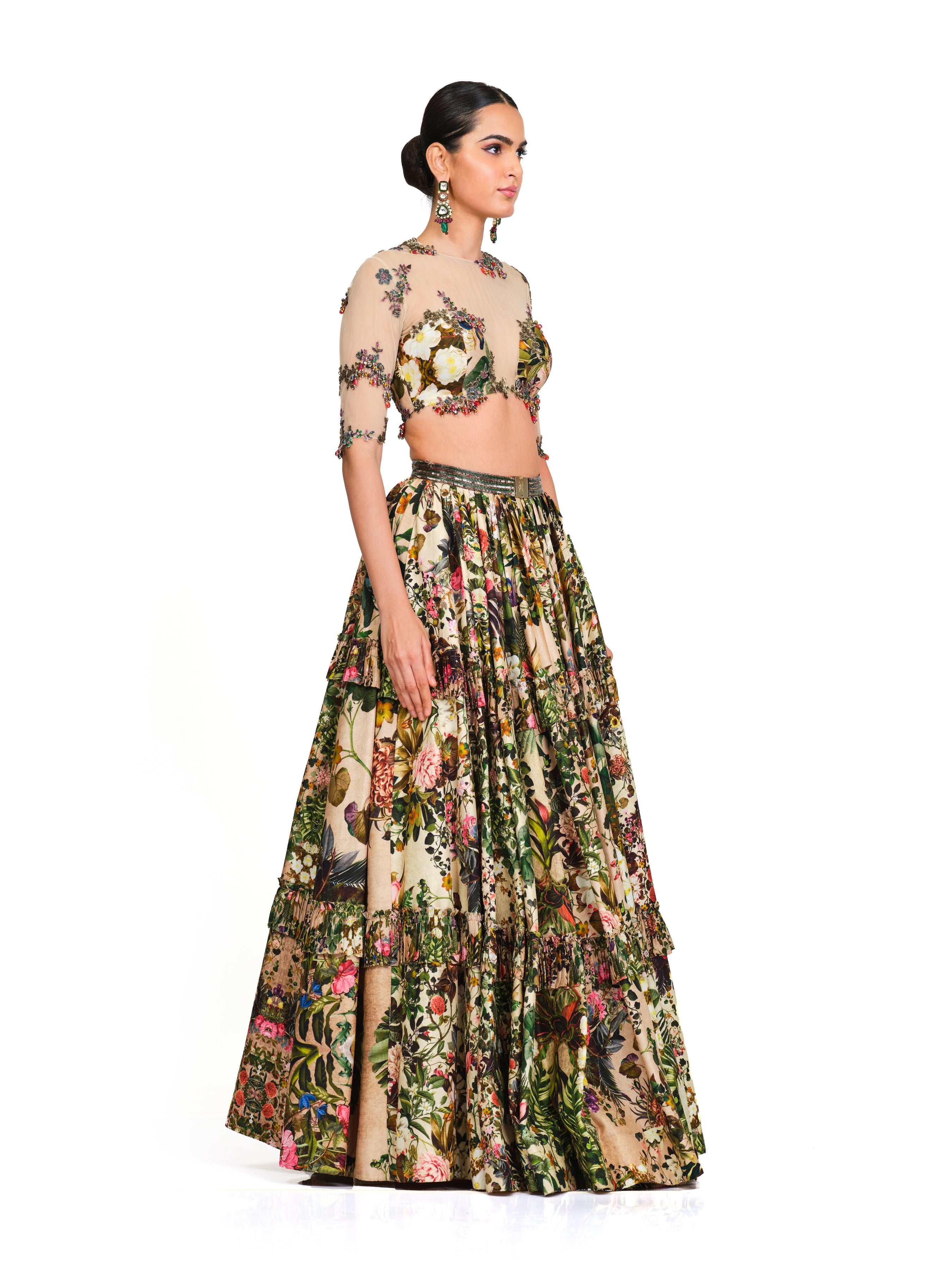 Sheer Net Embroidered Blouse With Layered Frill Lehenga