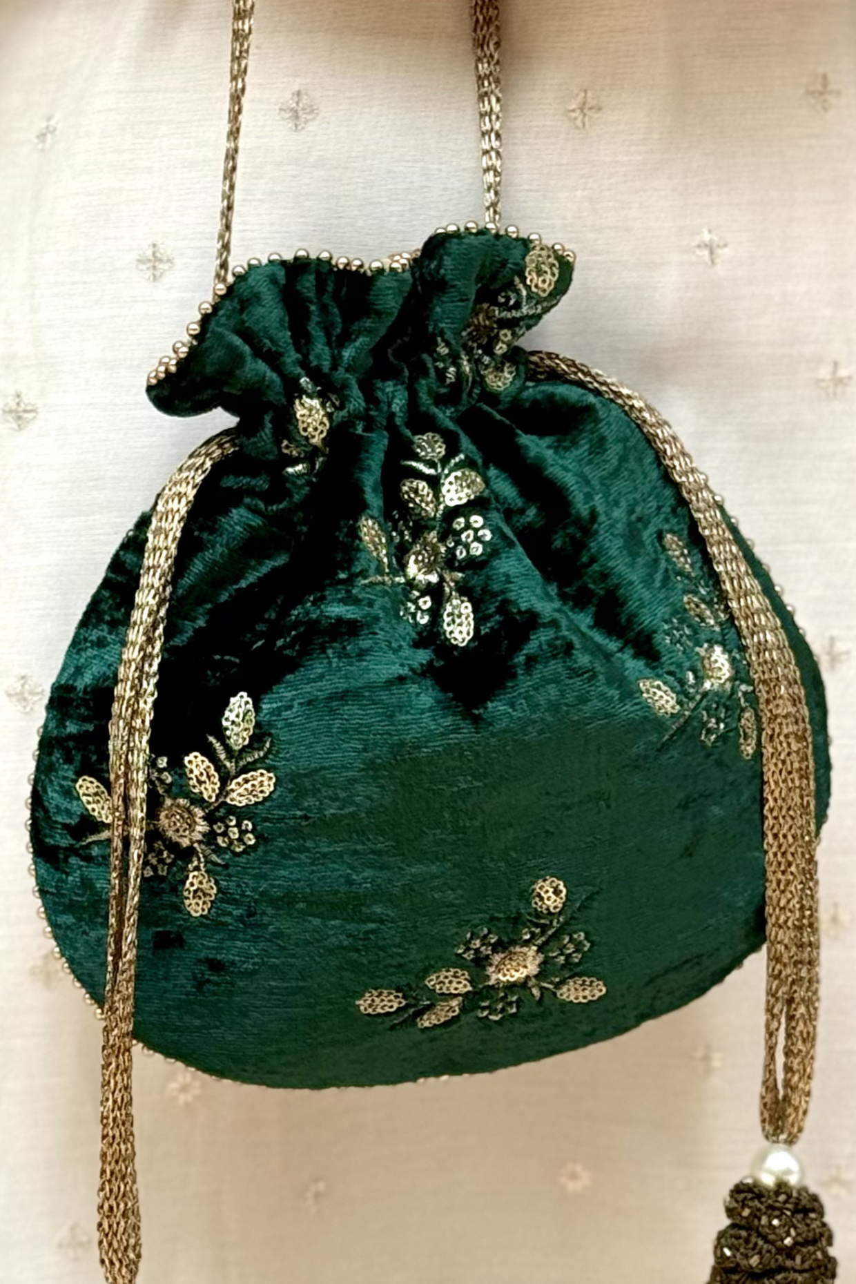 Ras Velvet Embroidered Potli - Green