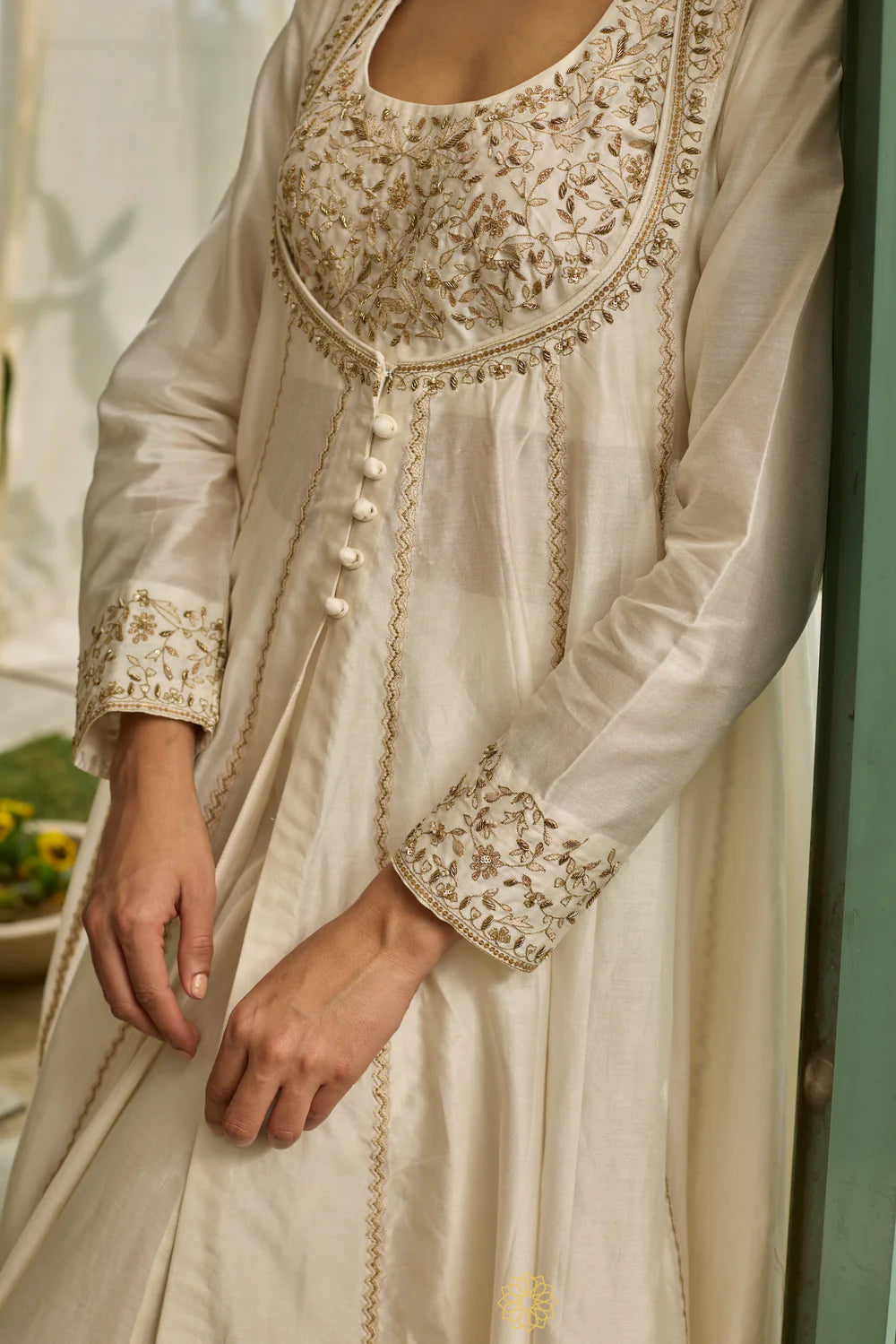 Chahat - Moon White Chanderi Anarkali, Tonal Sharara, Embroidered Gold Ari & Zardosi Blouse