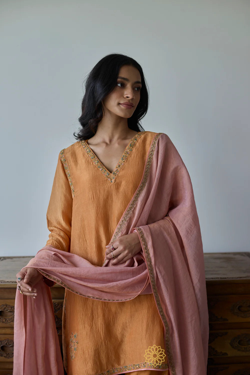 Iraya - Mustard Orange Crushed Chanderi Tissue Kurta, Tonal Salwar with Embroidered Tissue Chanderi Dupatta
