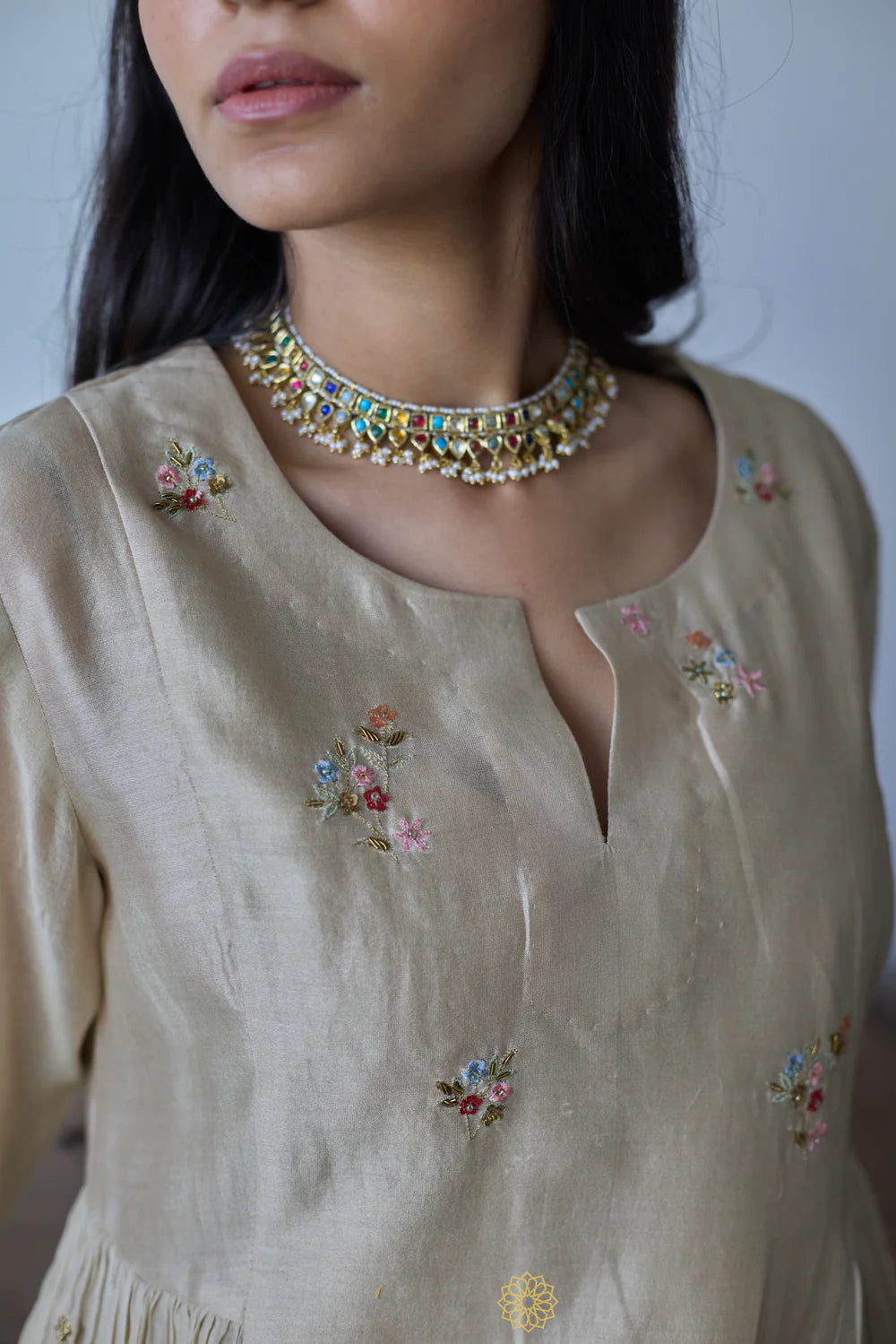 Naaz - Almond Chanderi Anarkali, Tonal Pants with Floral Embroidered Kota Silk Dupatta