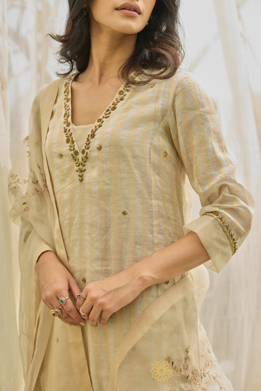 Nuresa - Almond Gold Stripe Chanderi Kurta, Benarasi Silk Tissue Sharara with Floral Jaal Organza Dupatta