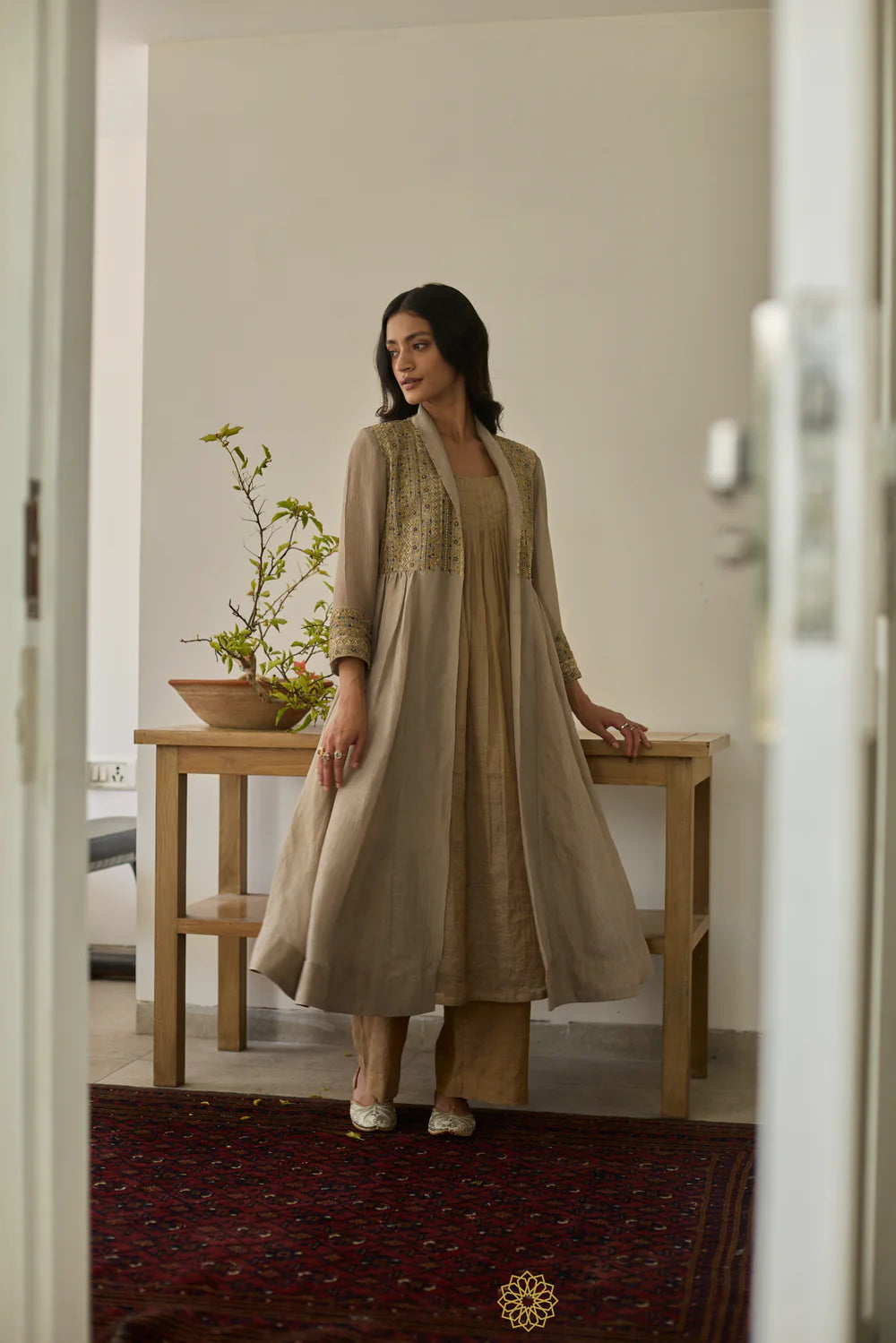 Sanat - Almond Tissue Chanderi Kurta & Pants, Tonal Crushed Silk Embroidered Jacket