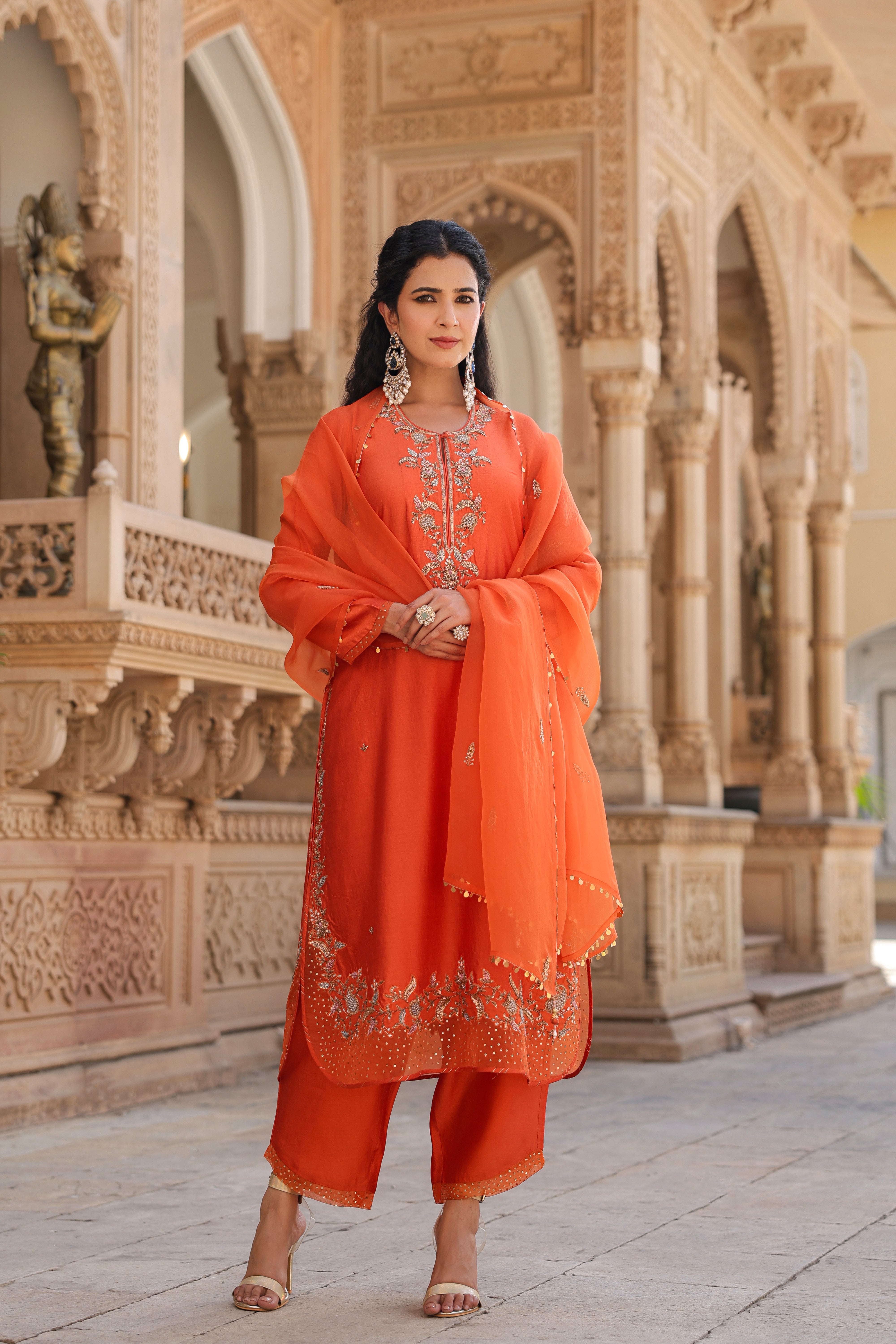 Orange Riwayat Heavy Long Kurta Set