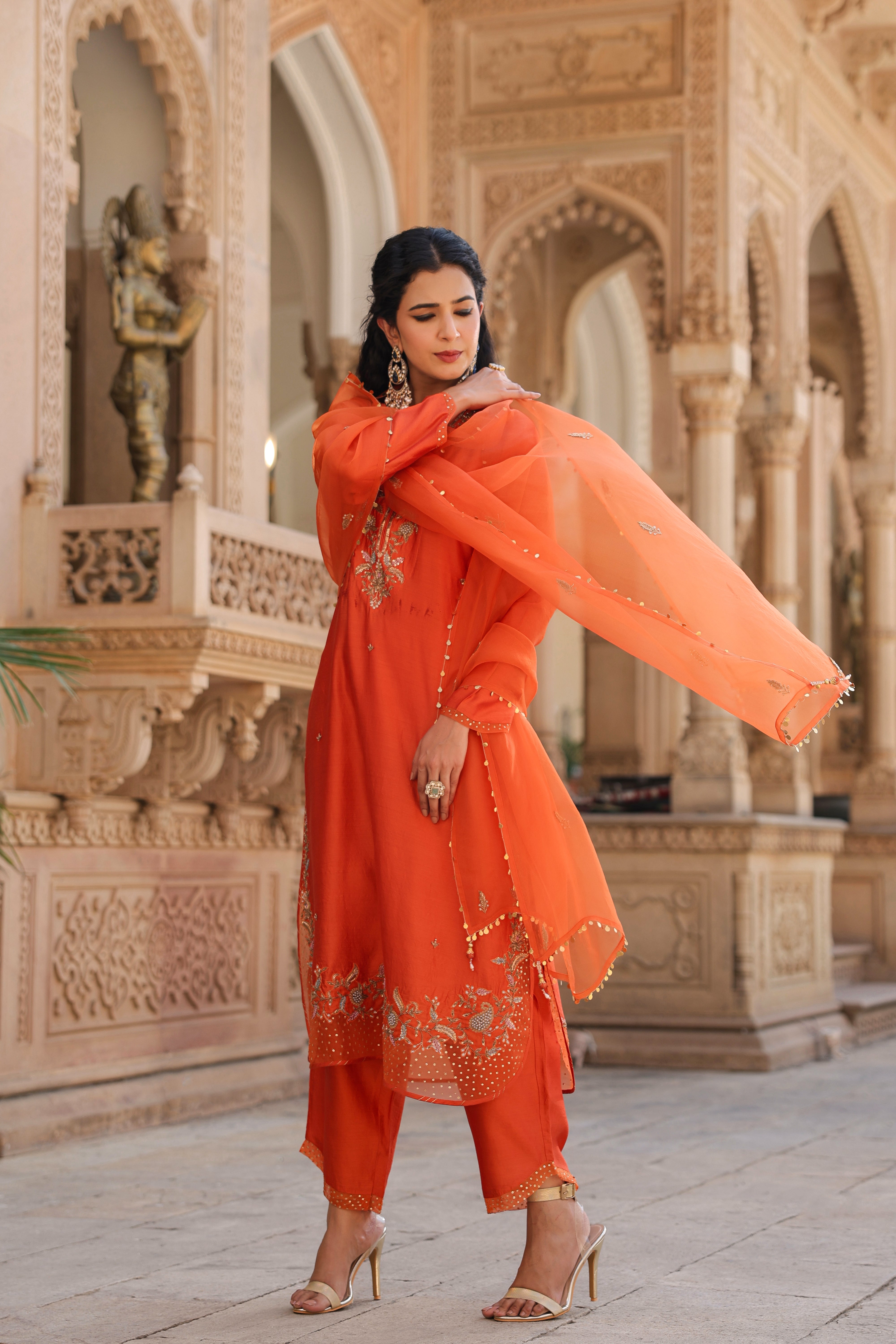 Orange Riwayat Heavy Long Kurta Set