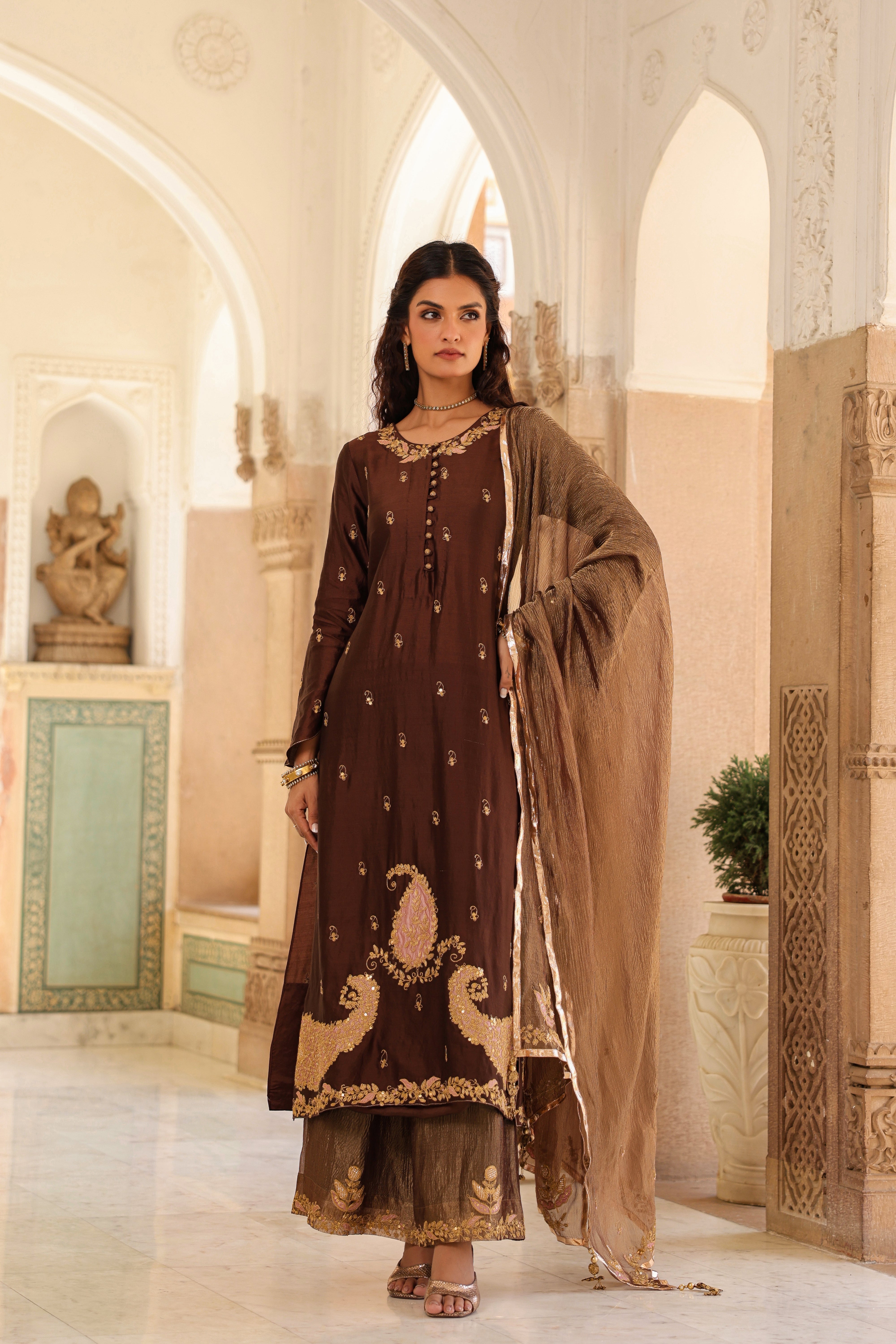 Brown Riwayat Applique Long Kurta Set