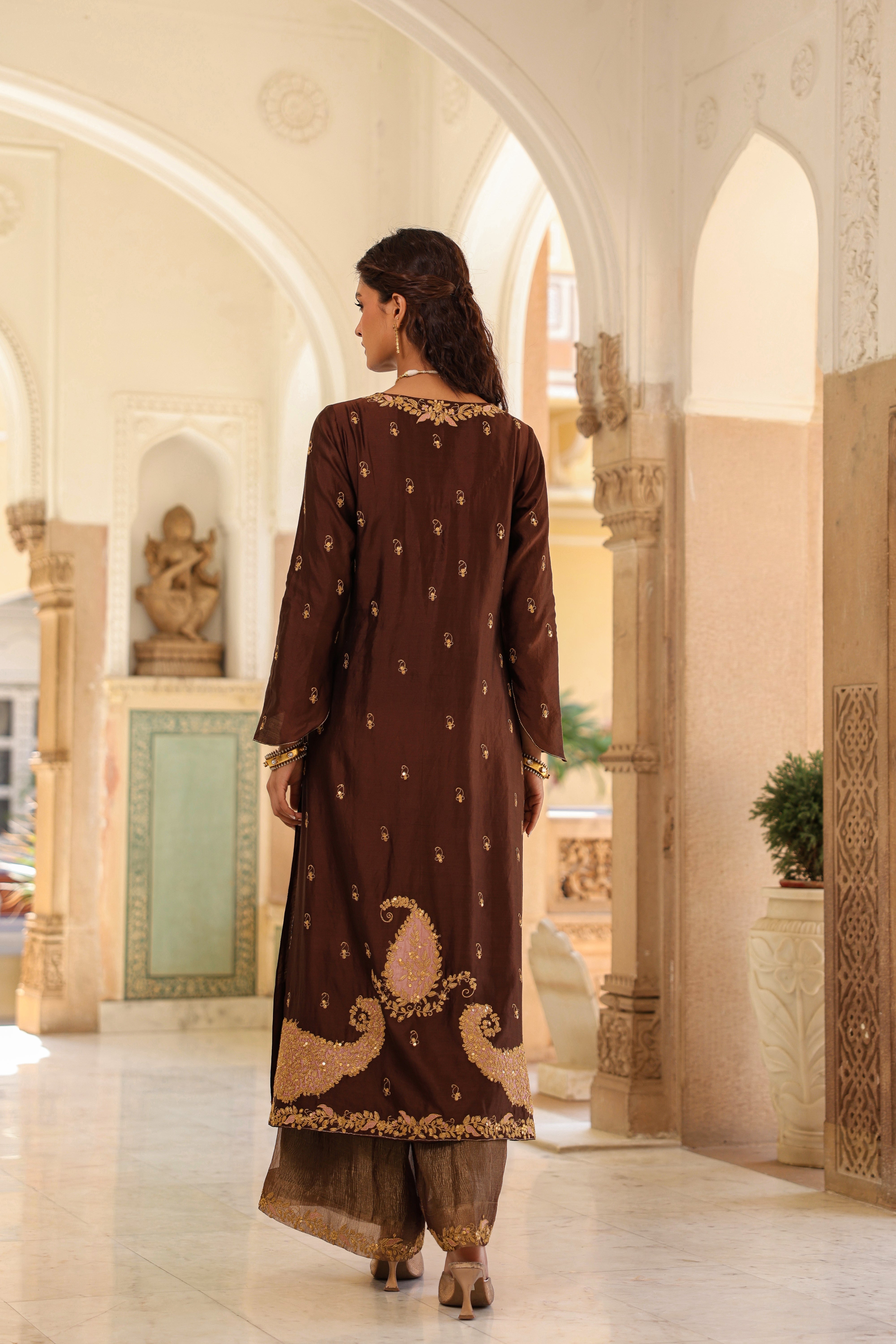 Brown Riwayat Applique Long Kurta Set