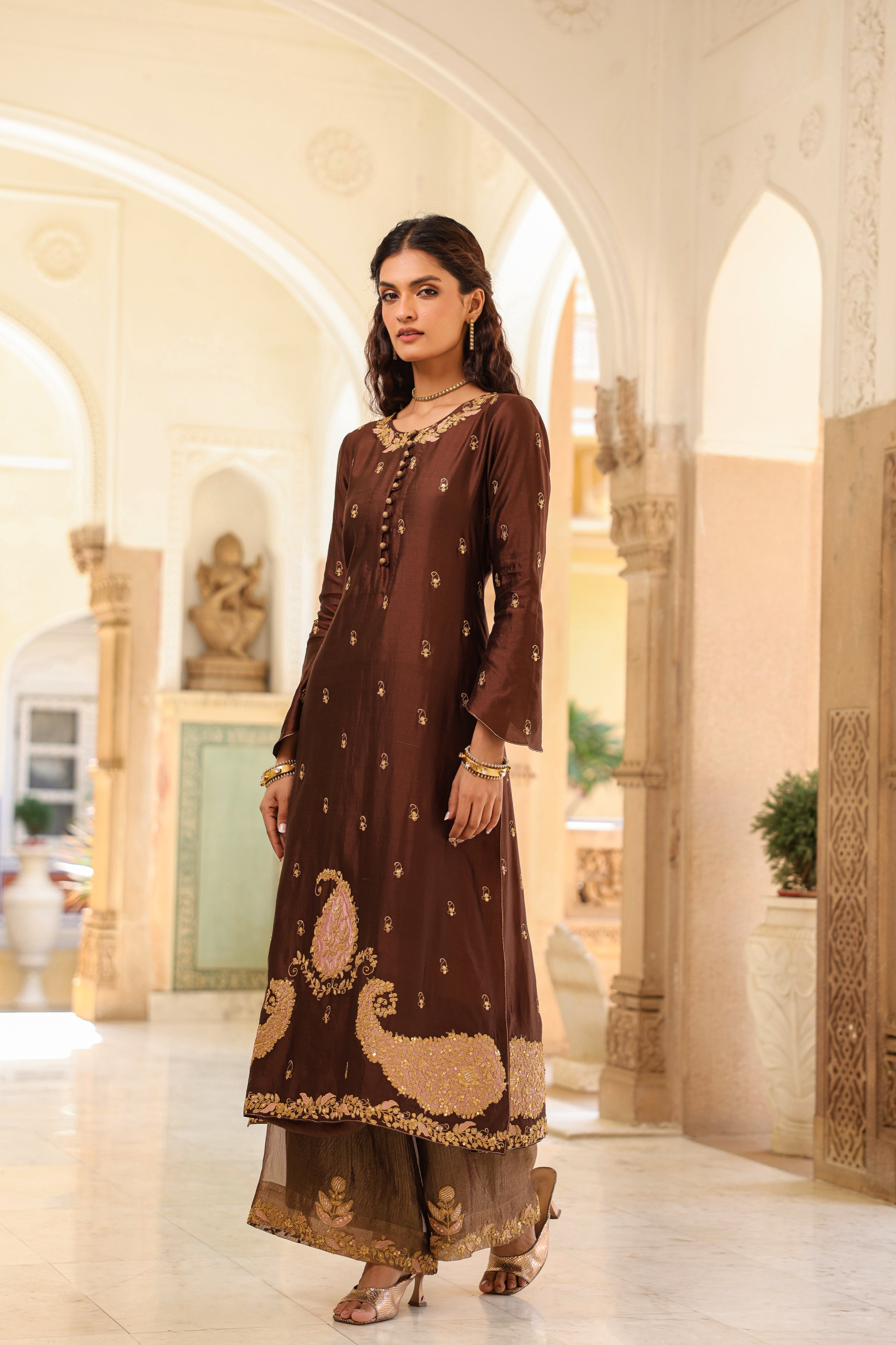 Brown Riwayat Applique Long Kurta Set