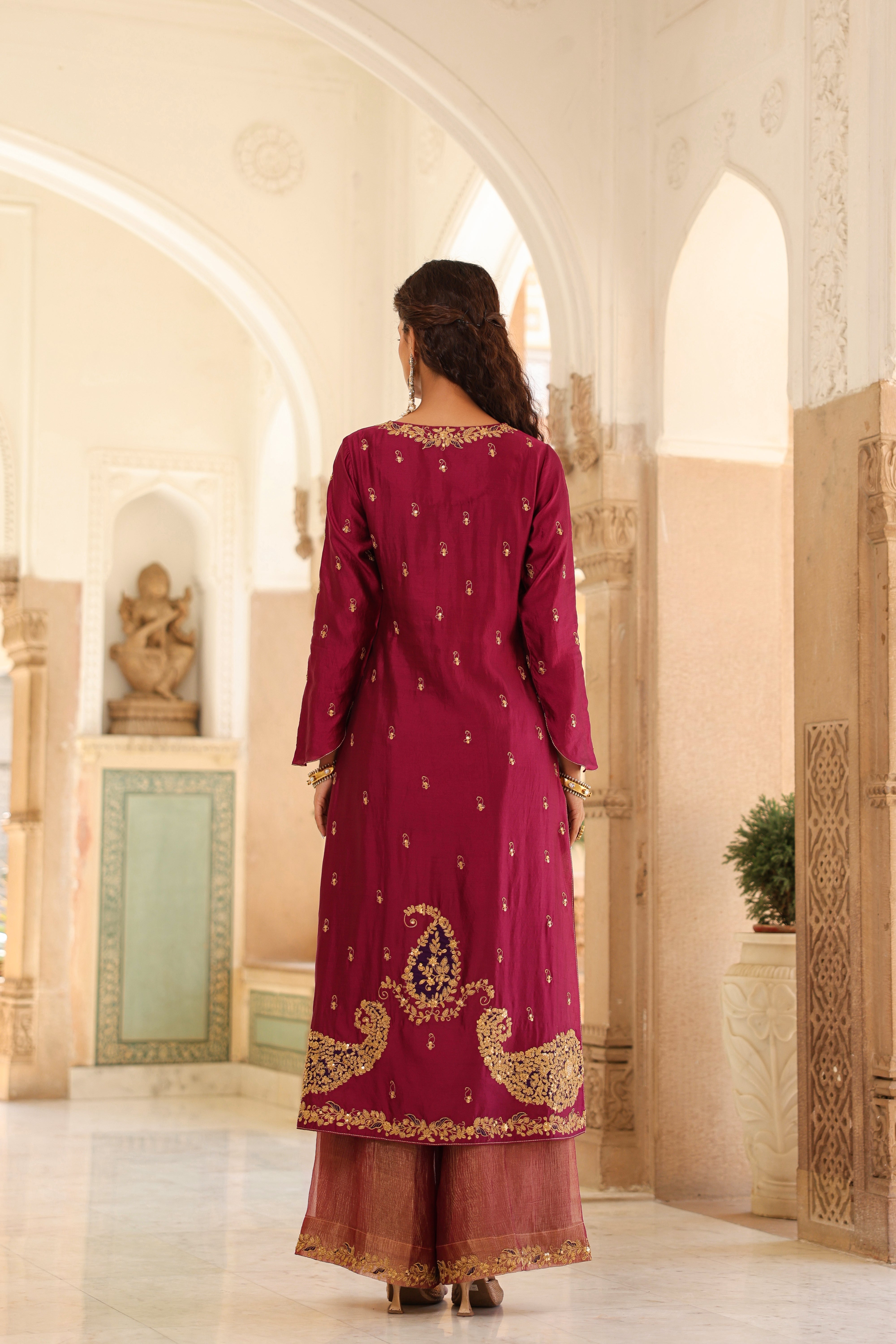 Wine Riwayat Applique Long Kurta Set