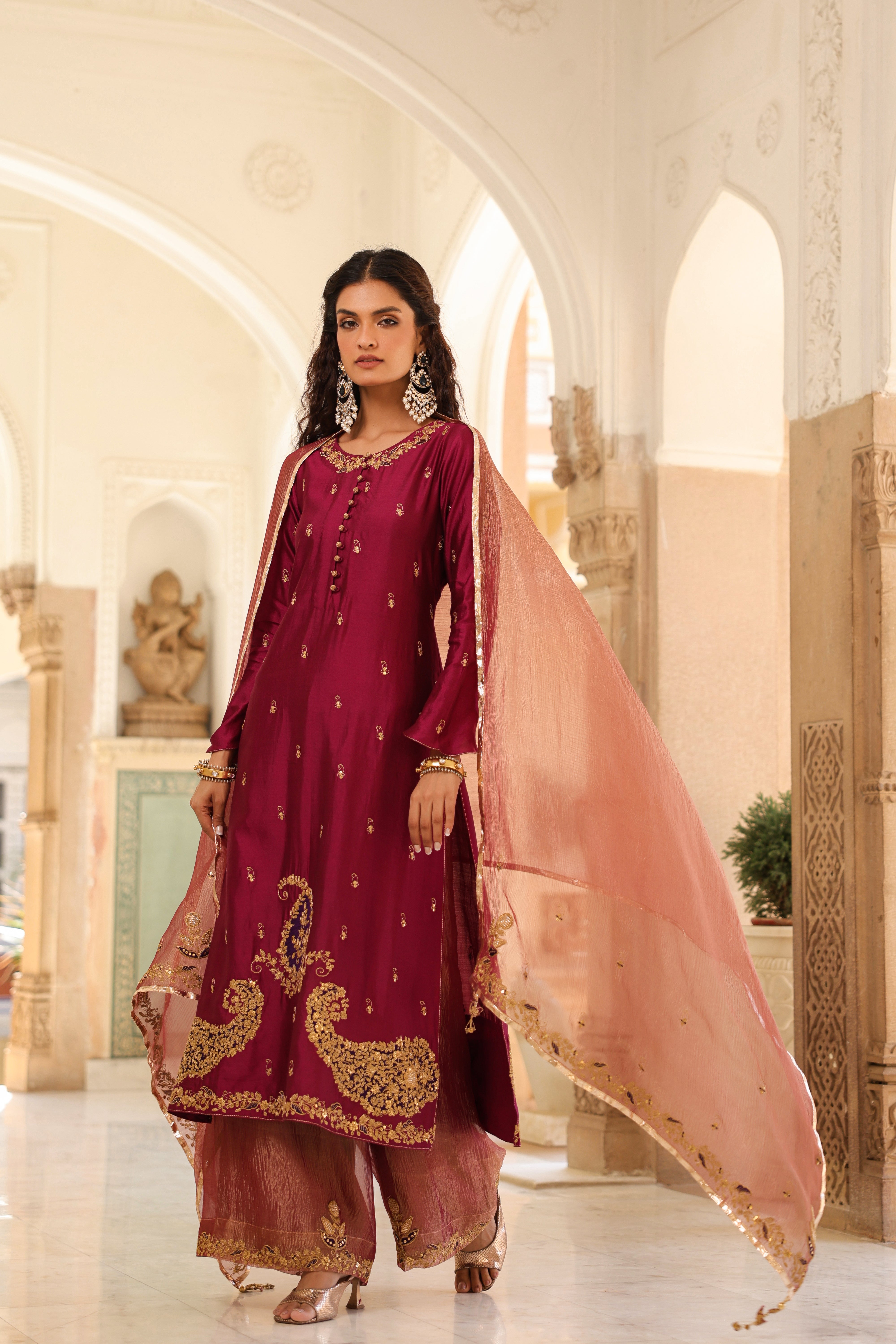 Wine Riwayat Applique Long Kurta Set