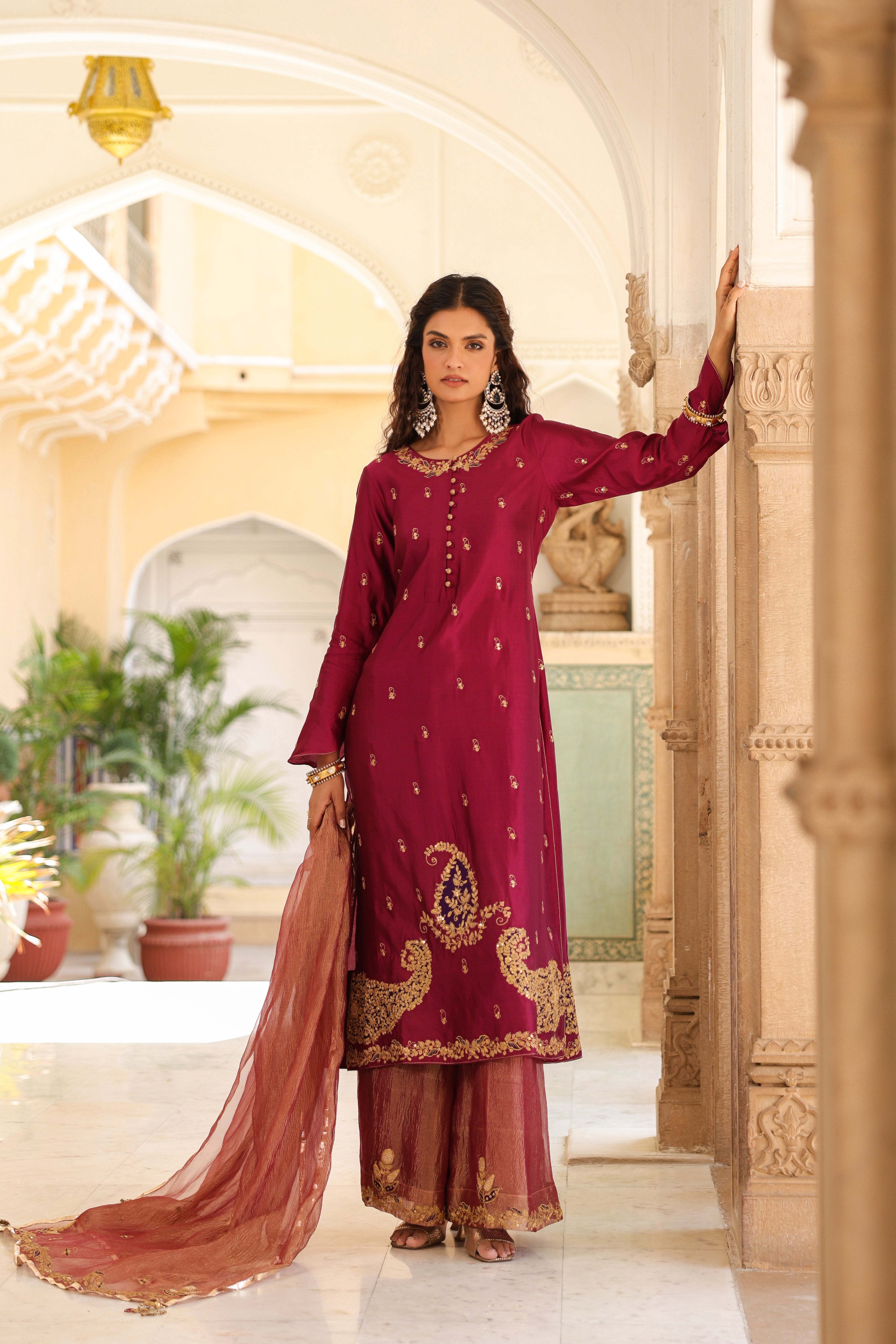 Wine Riwayat Applique Long Kurta Set