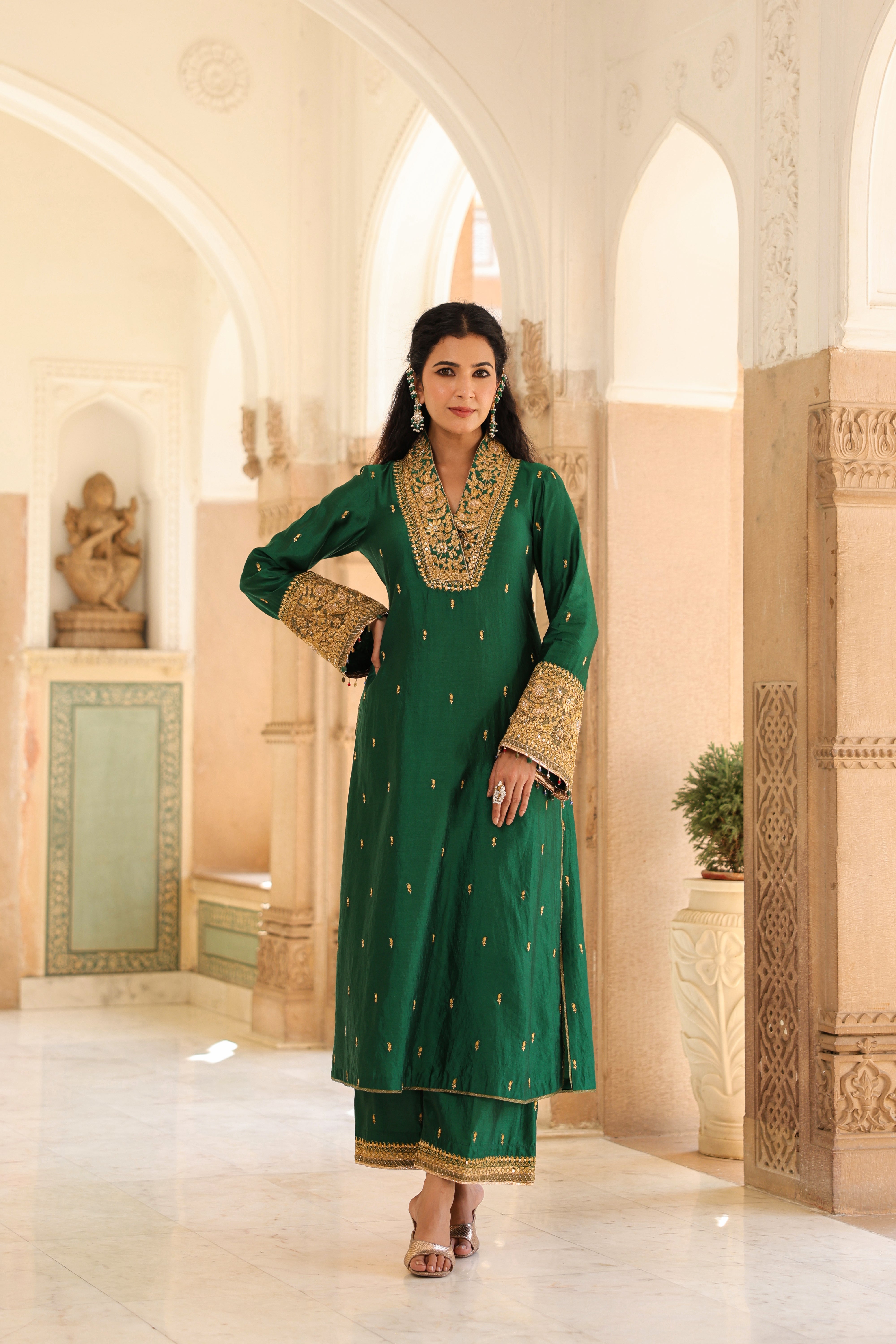 Green Riwayat Stand Collar Kurta Set