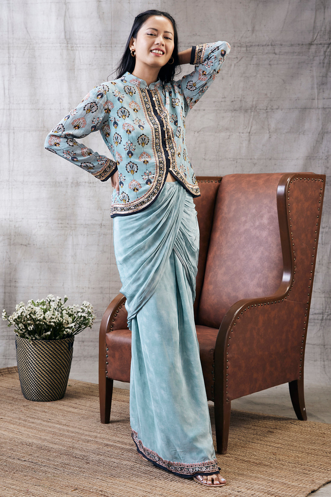 Sarouk Printed Drape Skirt With Embroidered Top