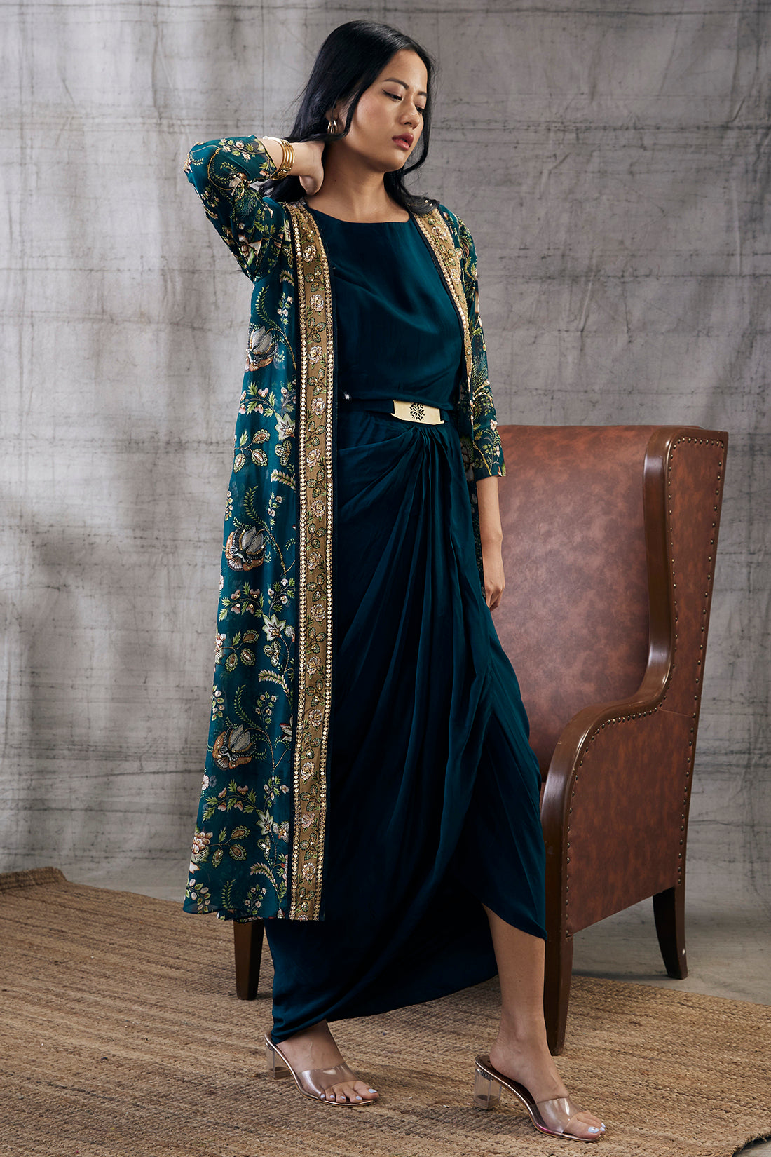 Mehra drape dress with printed jacket