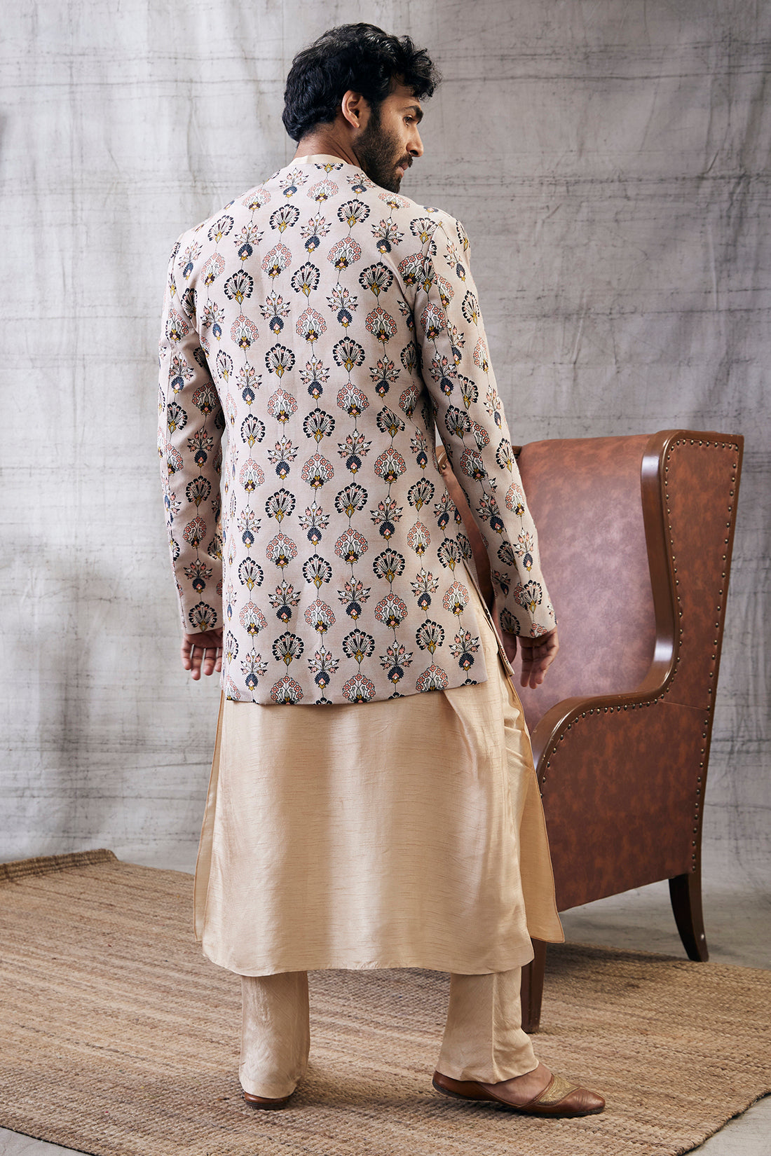 Sarouk printed longline jacket with kurta set