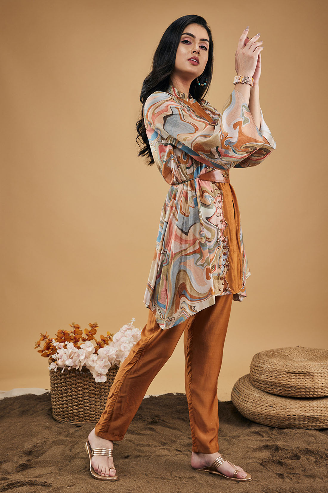 Marble Mosaic Embellished Kurta Set With Belt