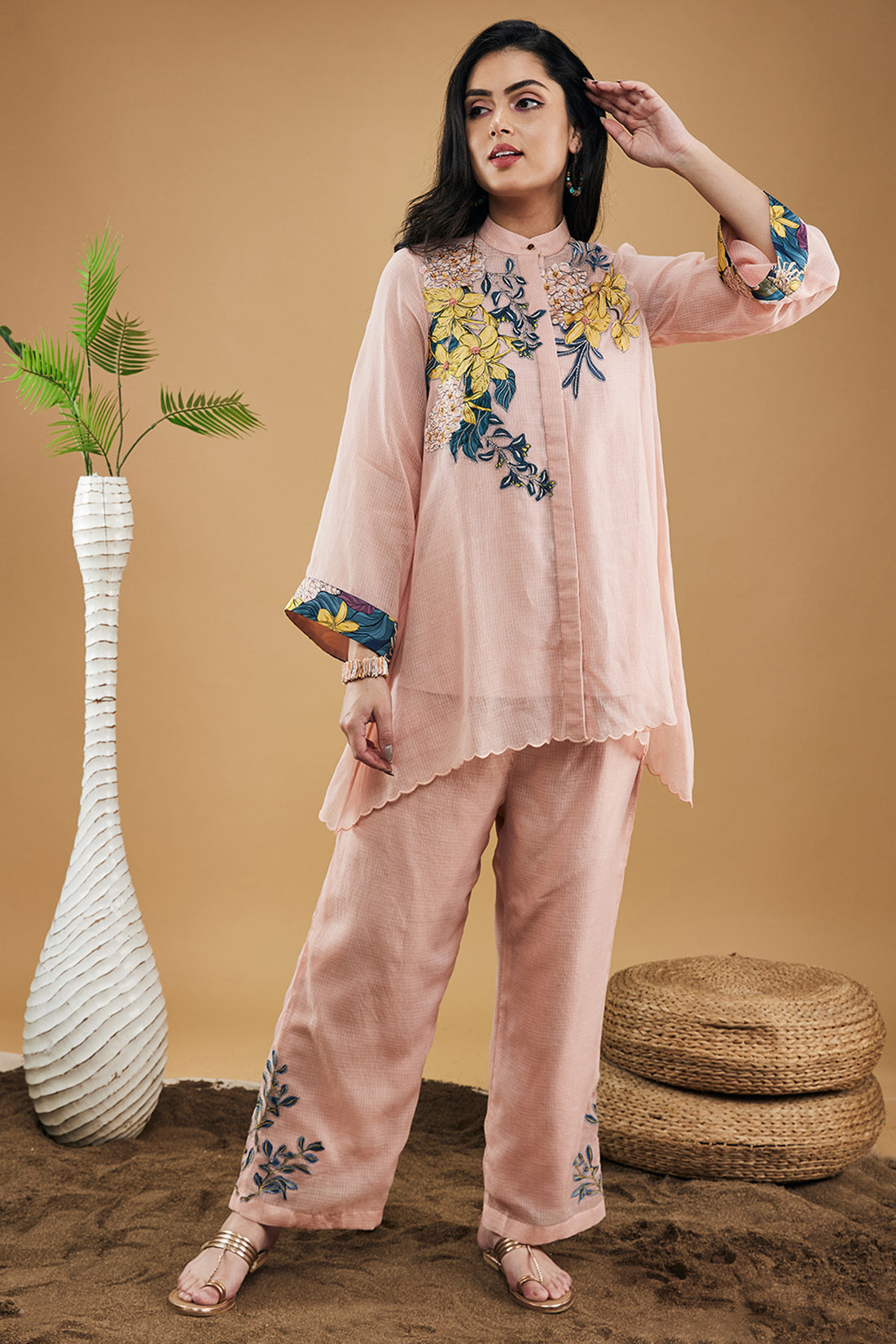 Zinnia Applique High-low Shirt With Pants