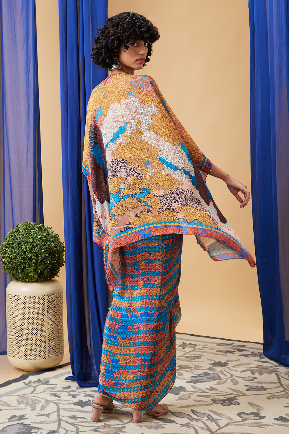 Benazir Embroidered Drape Dress With Cape