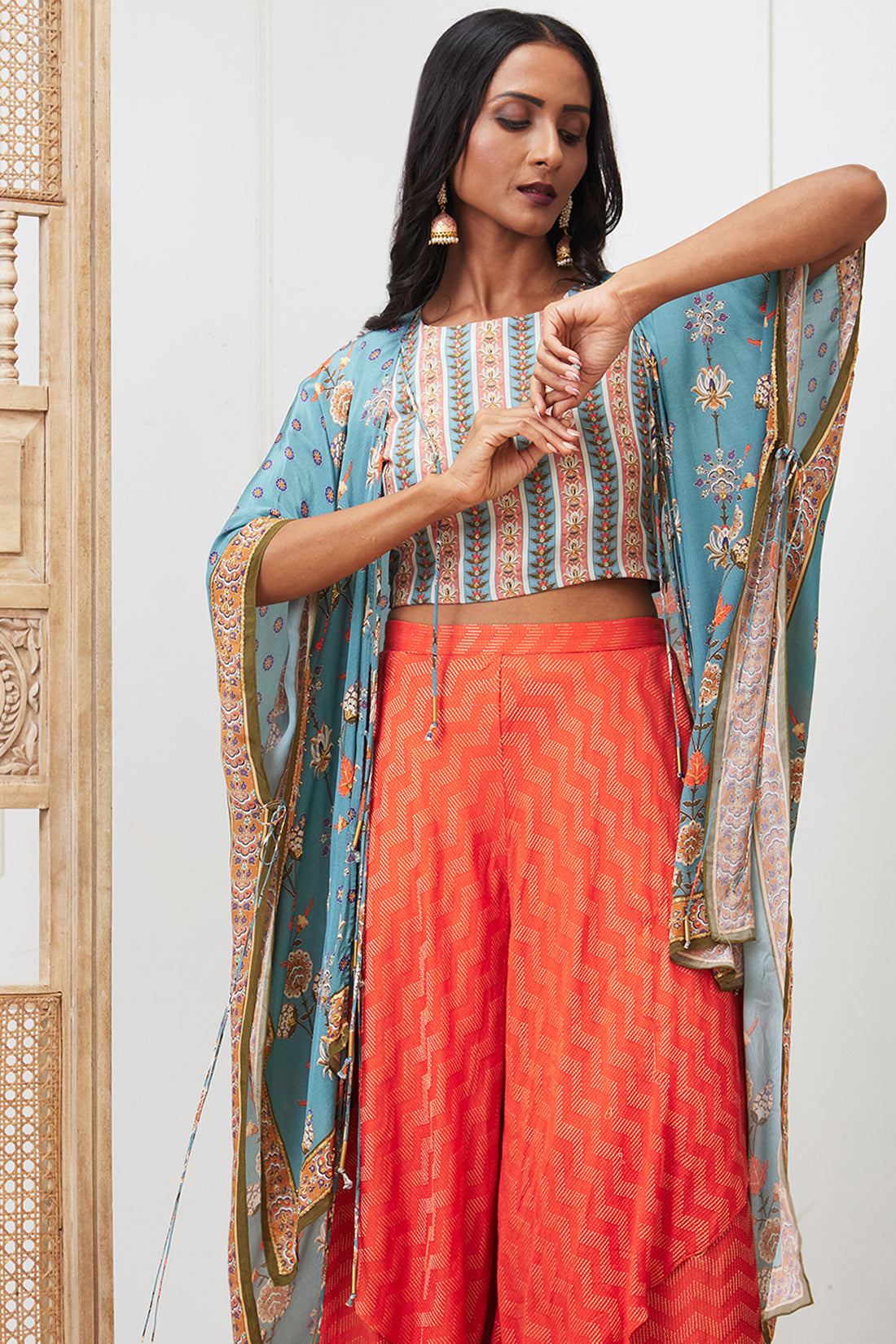 Tabriz Embroidered Drape Pant Set With Jacket