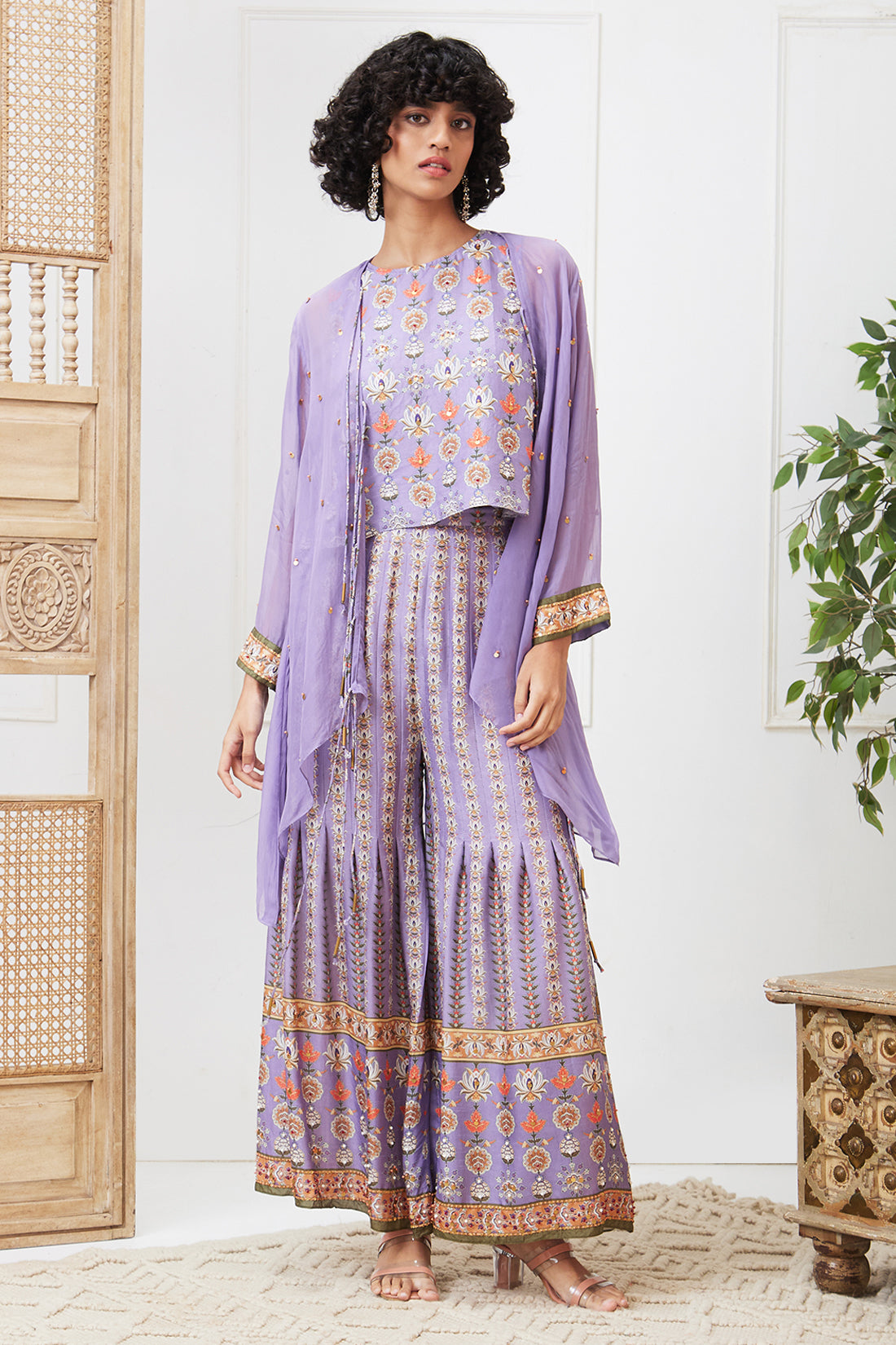 Tabriz Embroidered Pleated Pant Set With Jacket