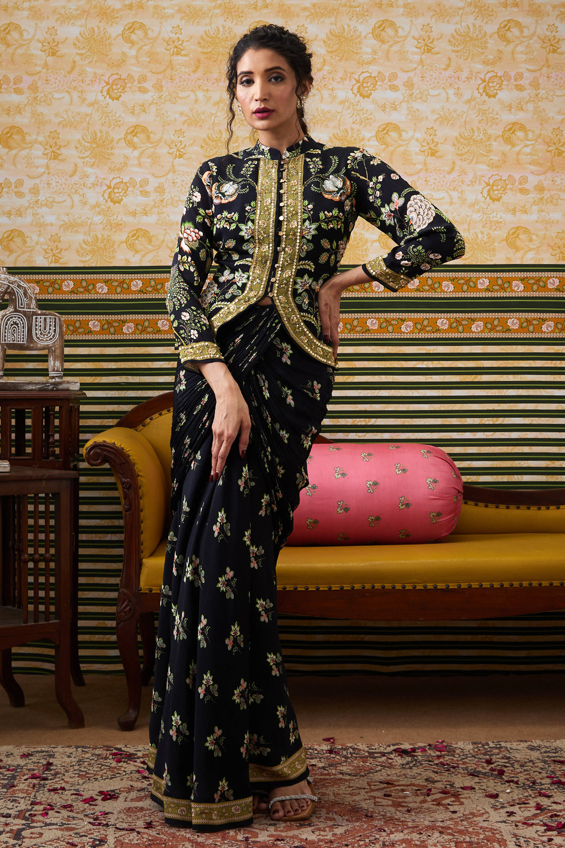 Mehr Embroidered Jacket With Drape Skirt