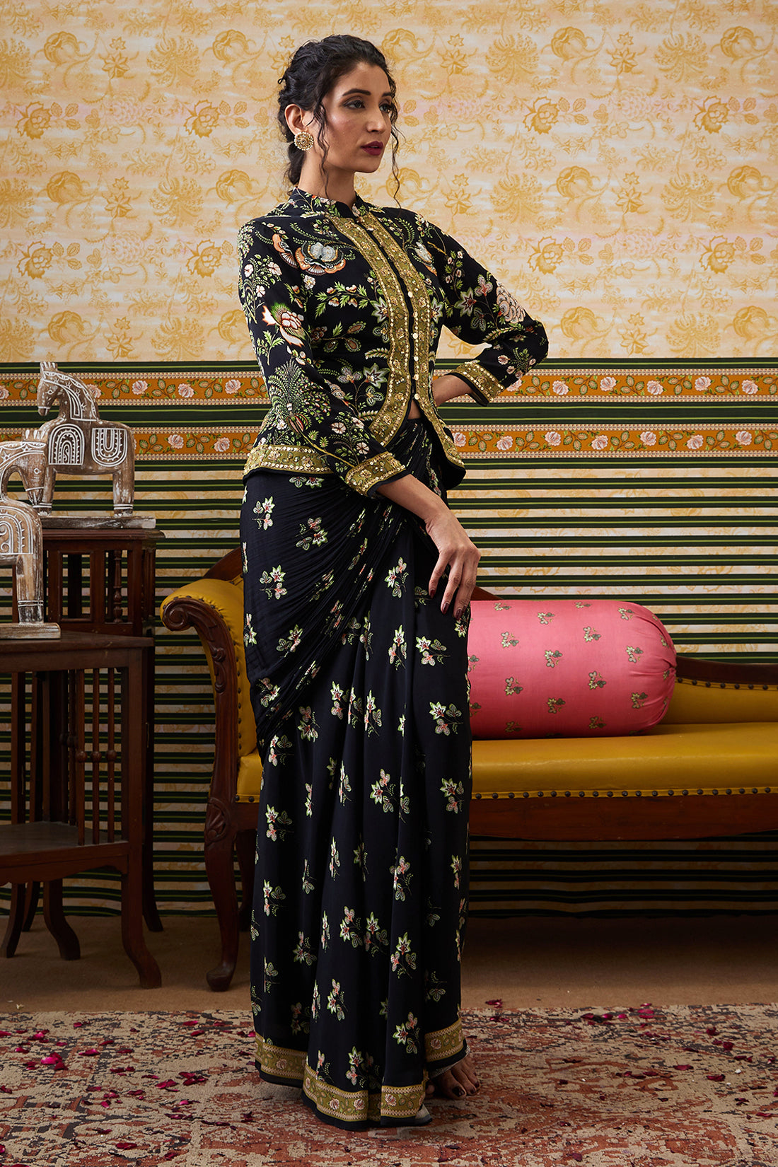 Mehr Embroidered Jacket With Drape Skirt