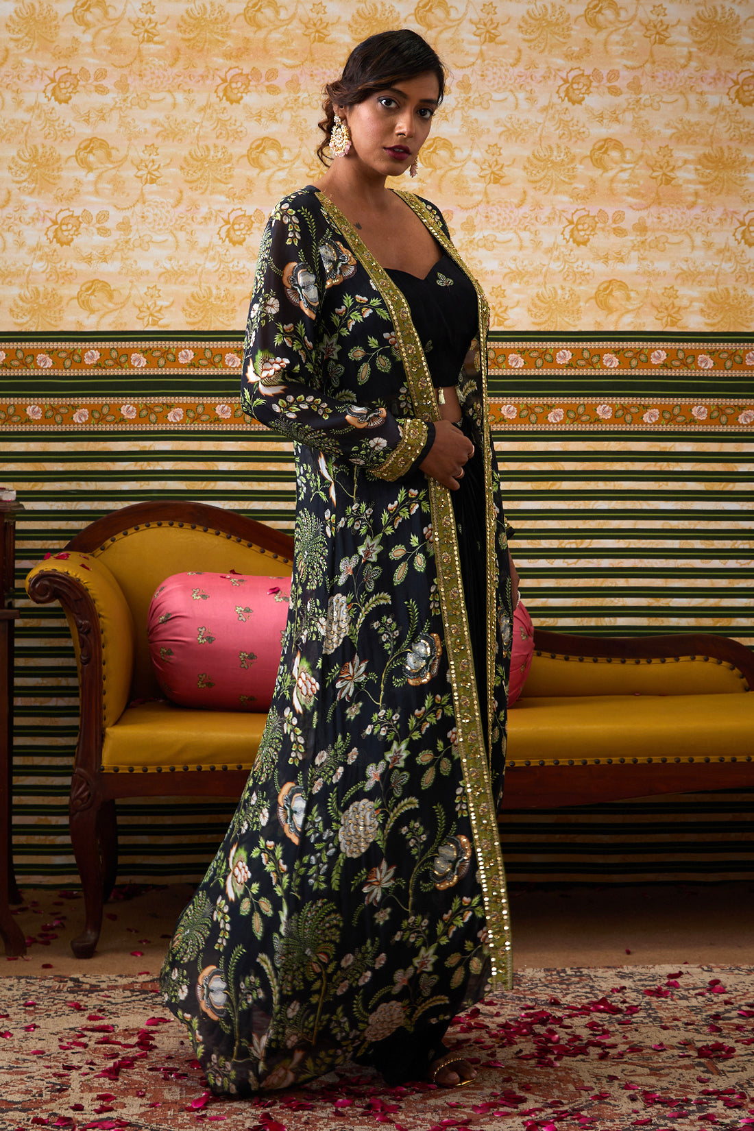 Mehr Printed Drape Skirt Set With Jacket