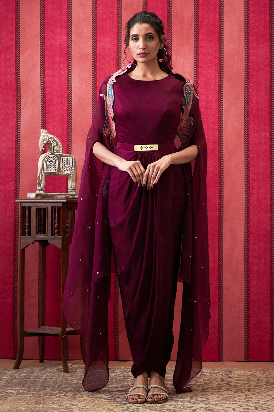 Qala Drape Dress With Printed Applique Cape