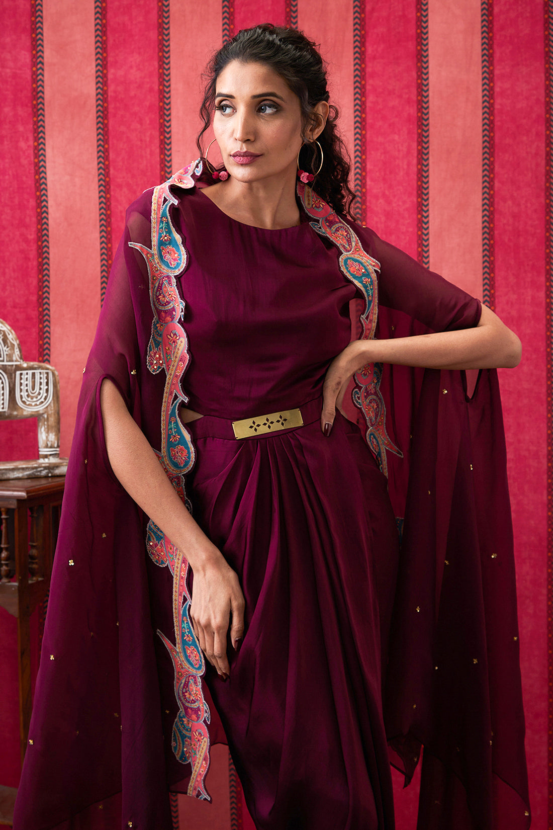 Qala Drape Dress With Printed Applique Cape