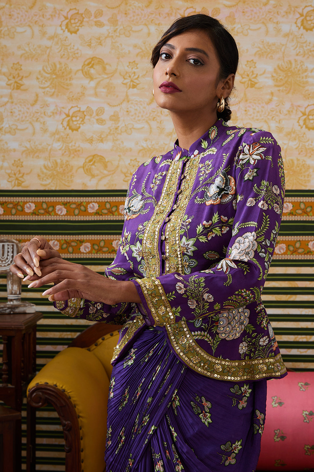 Mehr Embroidered Jacket With Drape Skirt