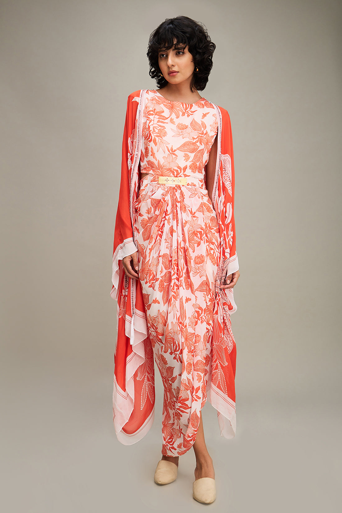 Ahyana Printed Drape Dress With Cape