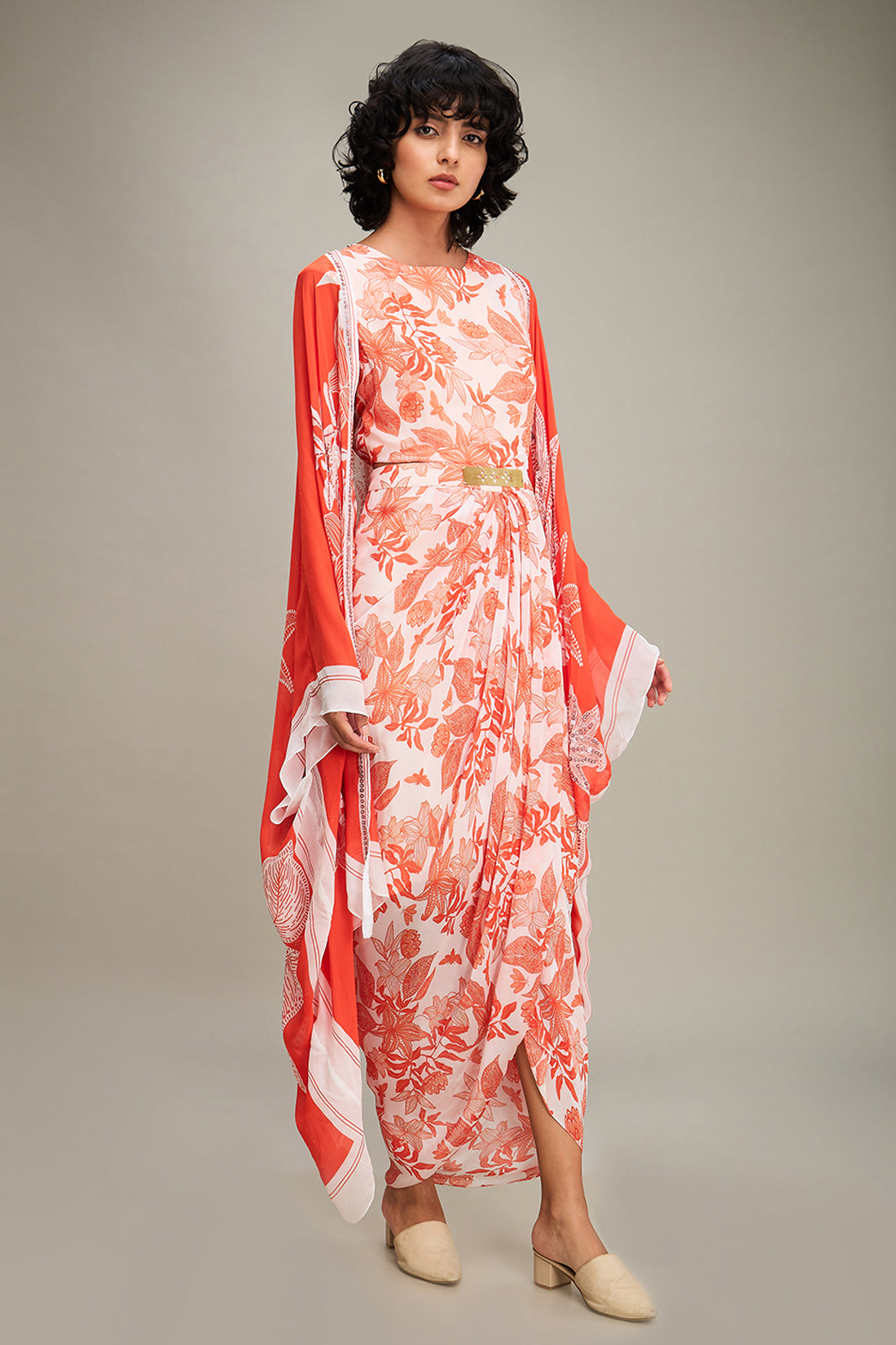 Ahyana Printed Drape Dress With Cape