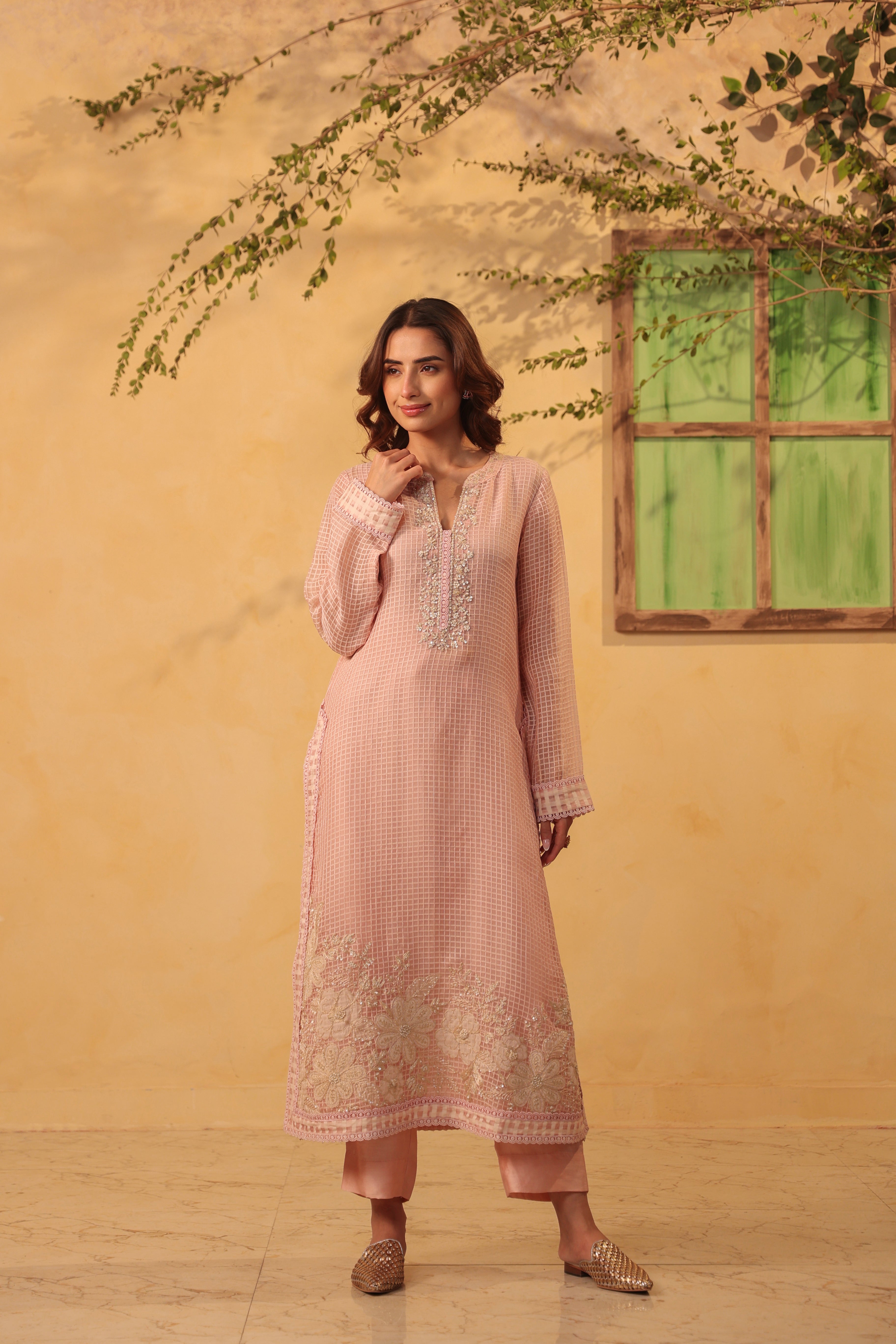 Vaayu Light Pink Straight Long Kurta Set
