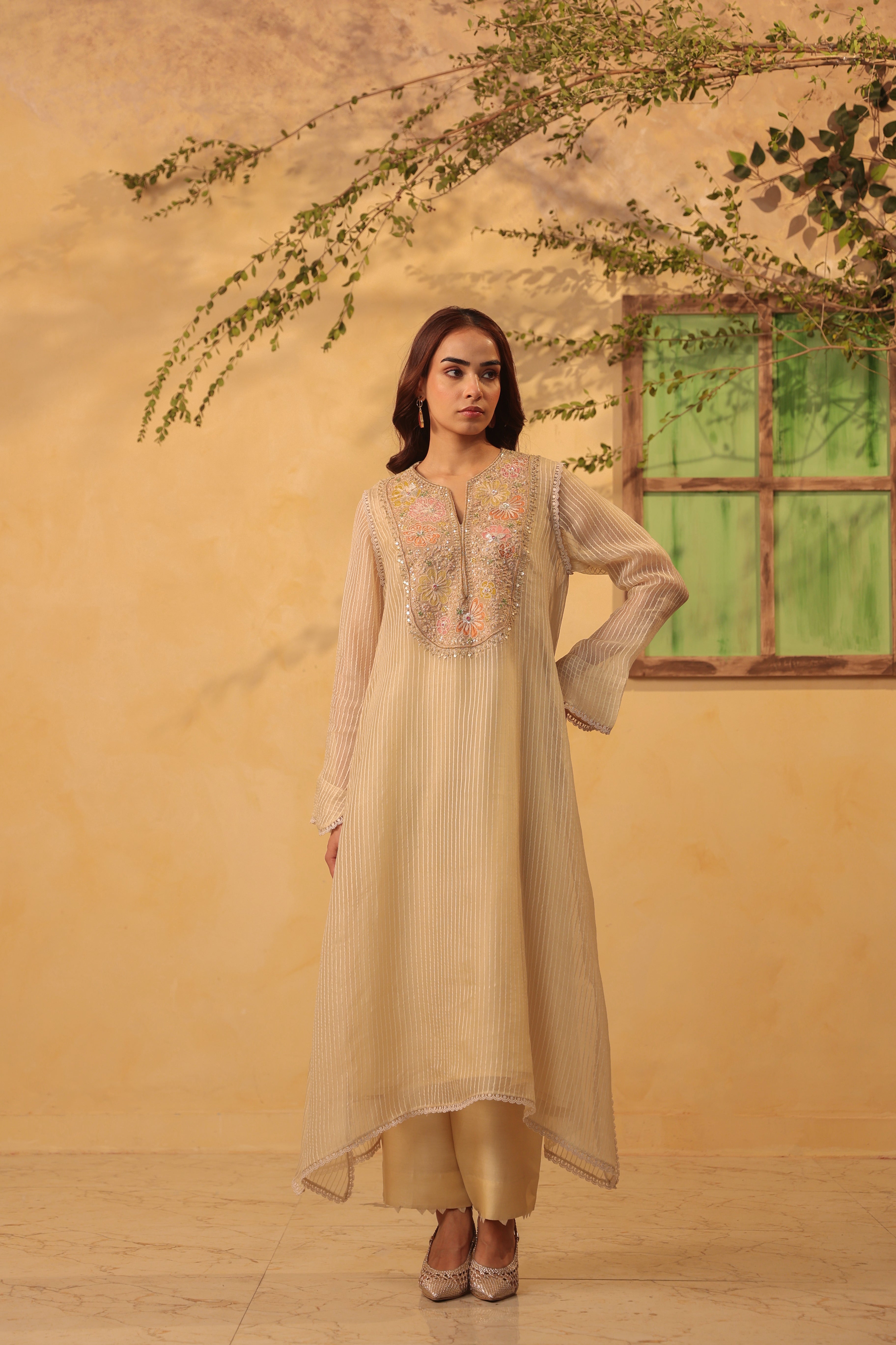 Vaayu Beige Applique Yoke Kurta Set