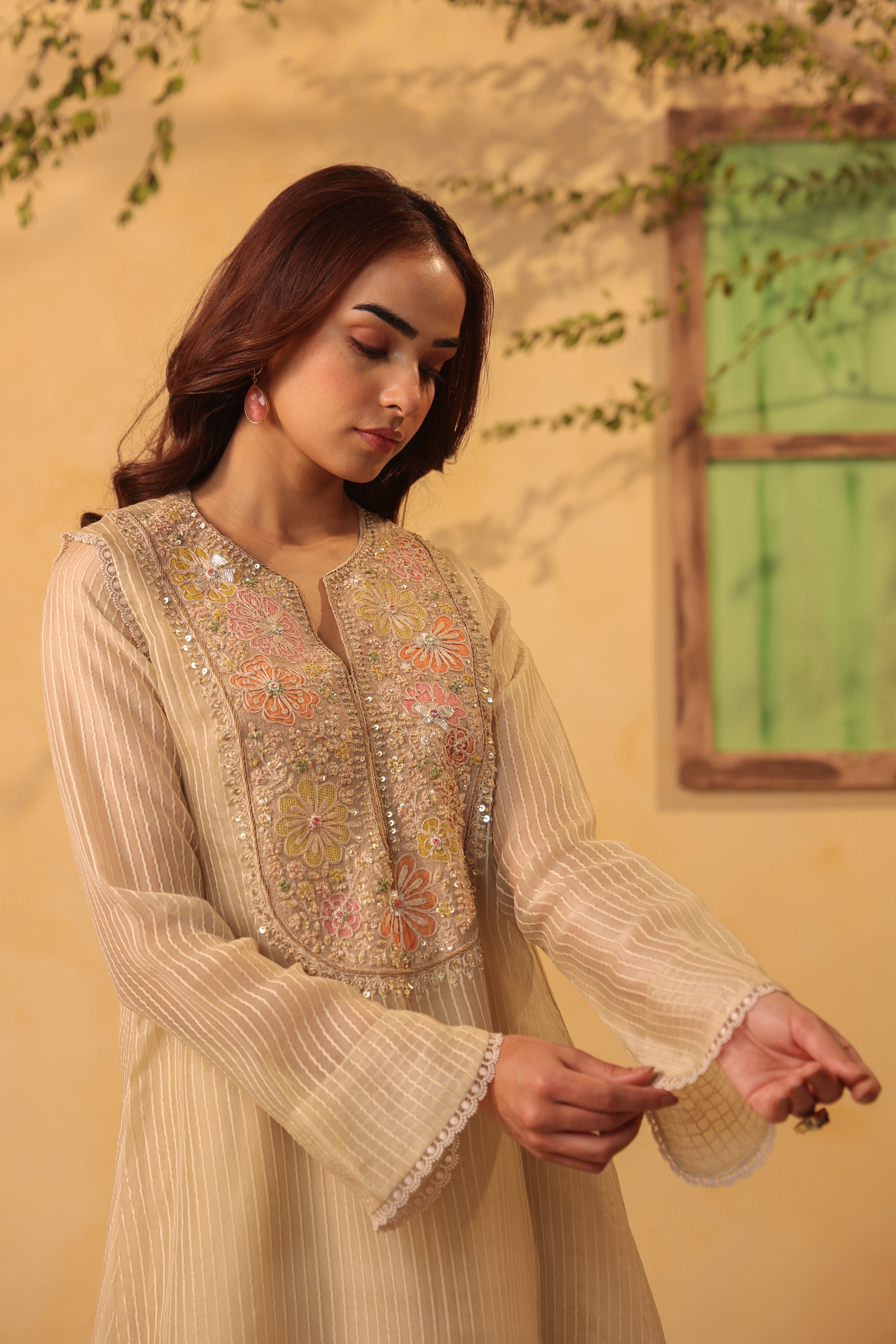 Vaayu Beige Applique Yoke Kurta Set