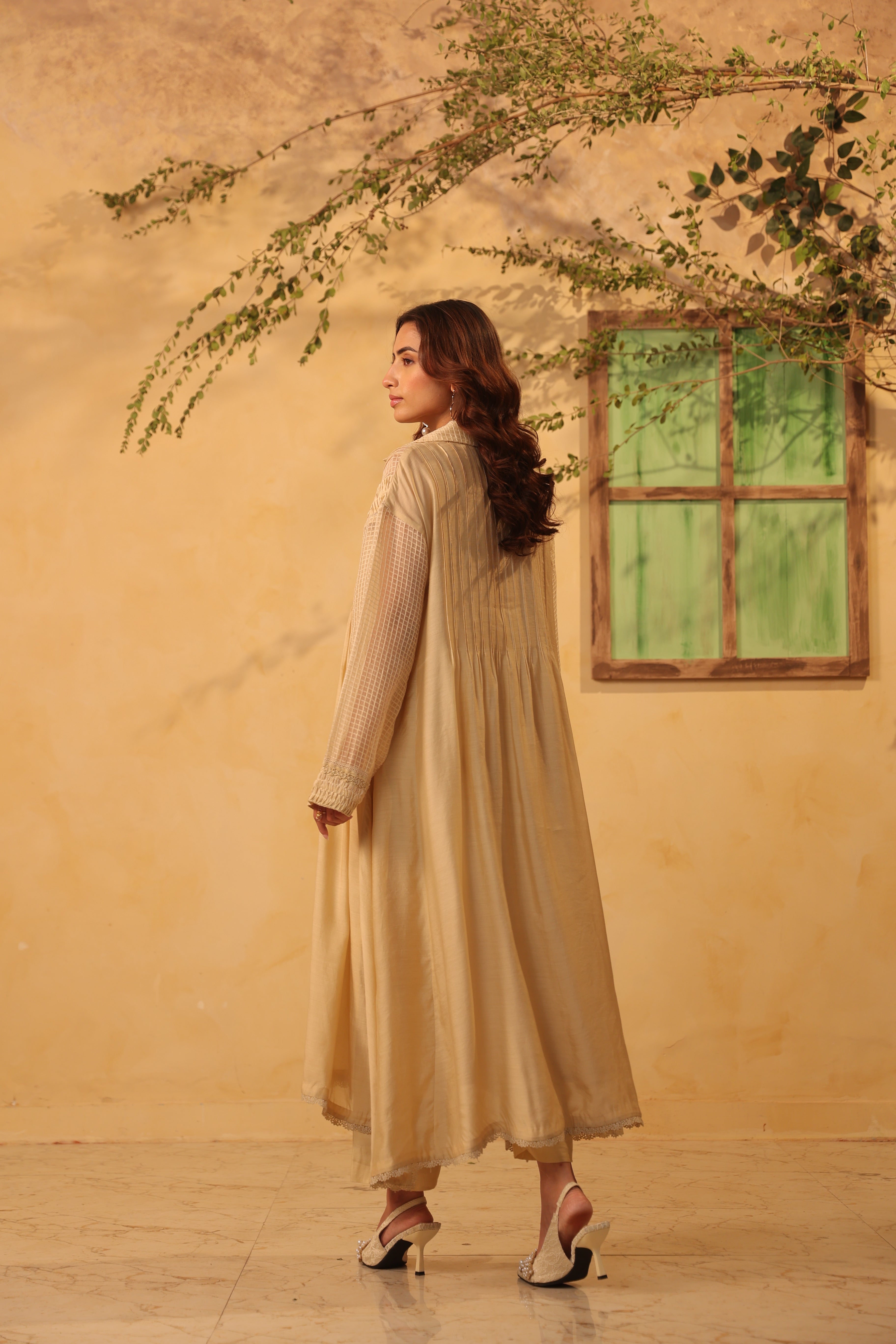 Vaayu Beige Pintuck Collar Kurta Set