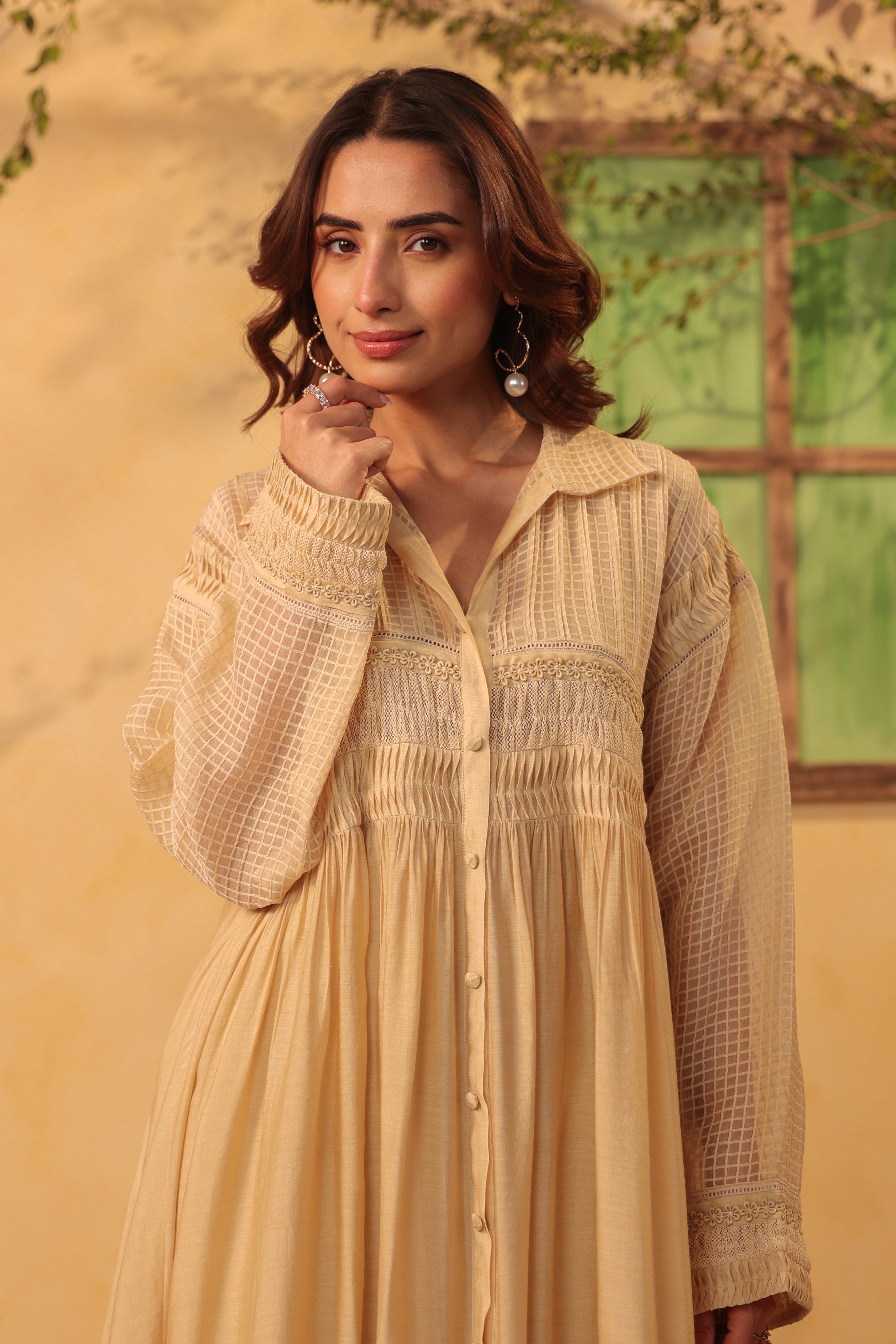 Vaayu Beige Pintuck Collar Kurta Set