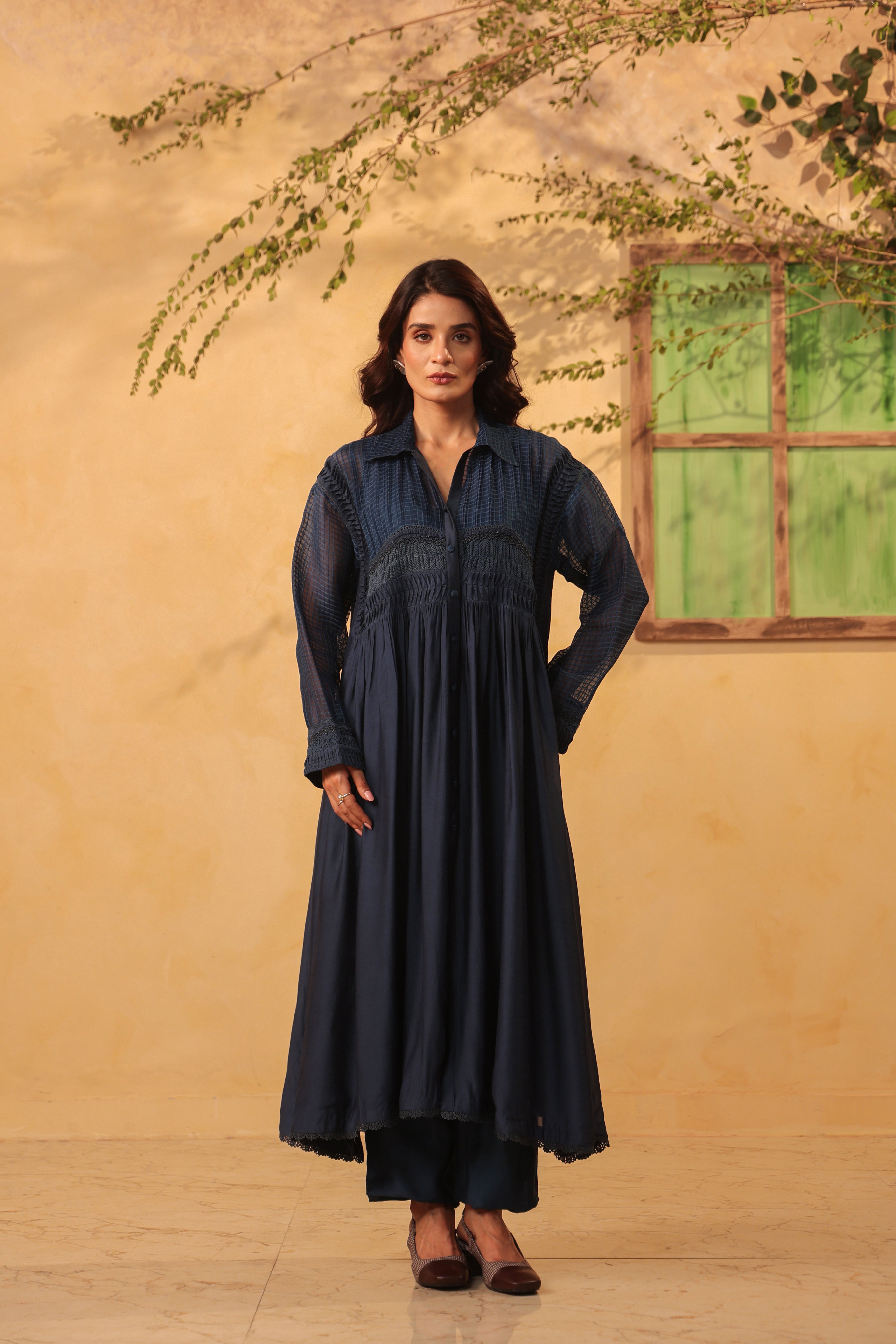Vaayu Dark Blue Pintuck Collar Kurta Set