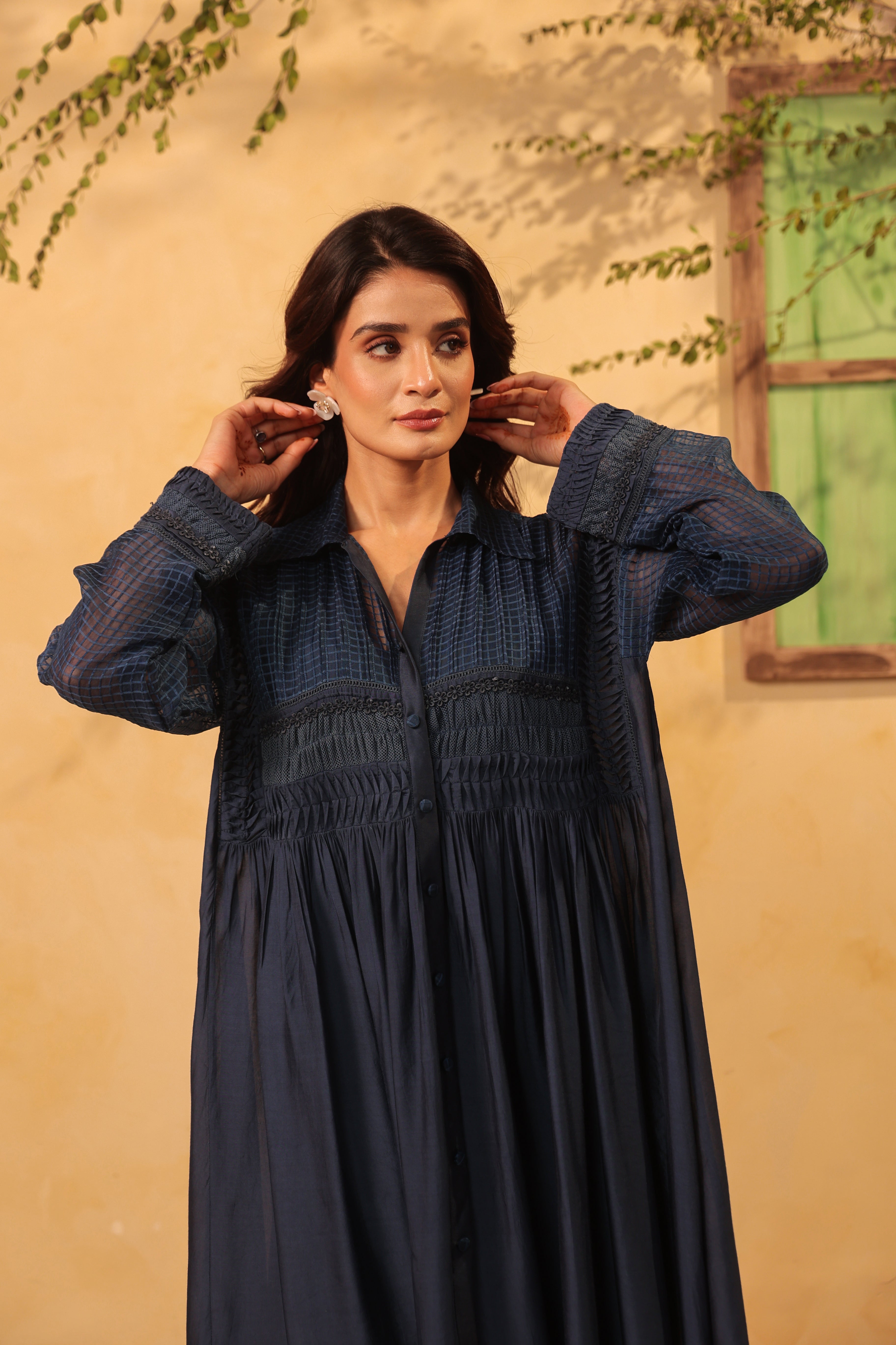 Vaayu Dark Blue Pintuck Collar Kurta Set