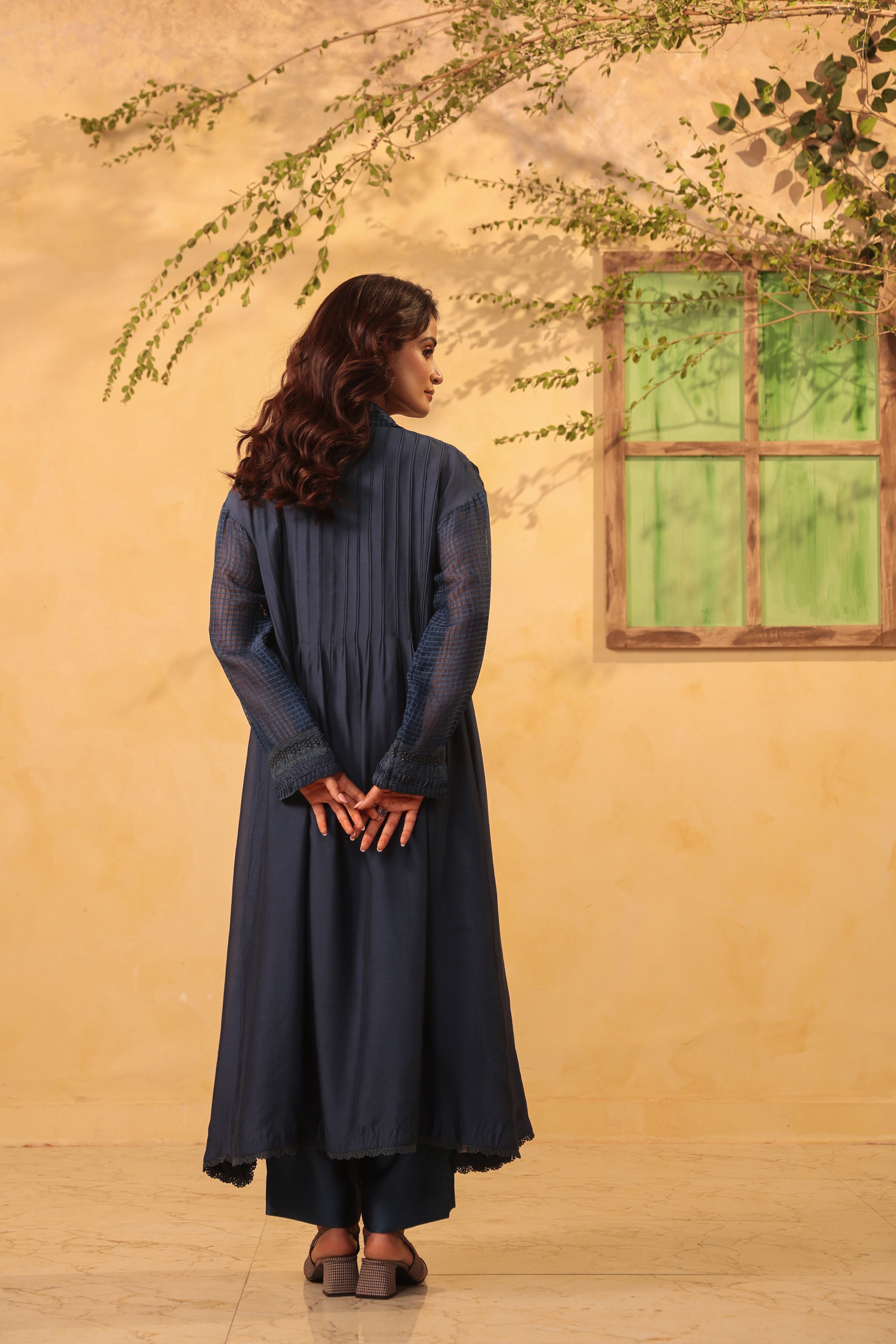 Vaayu Dark Blue Pintuck Collar Kurta Set