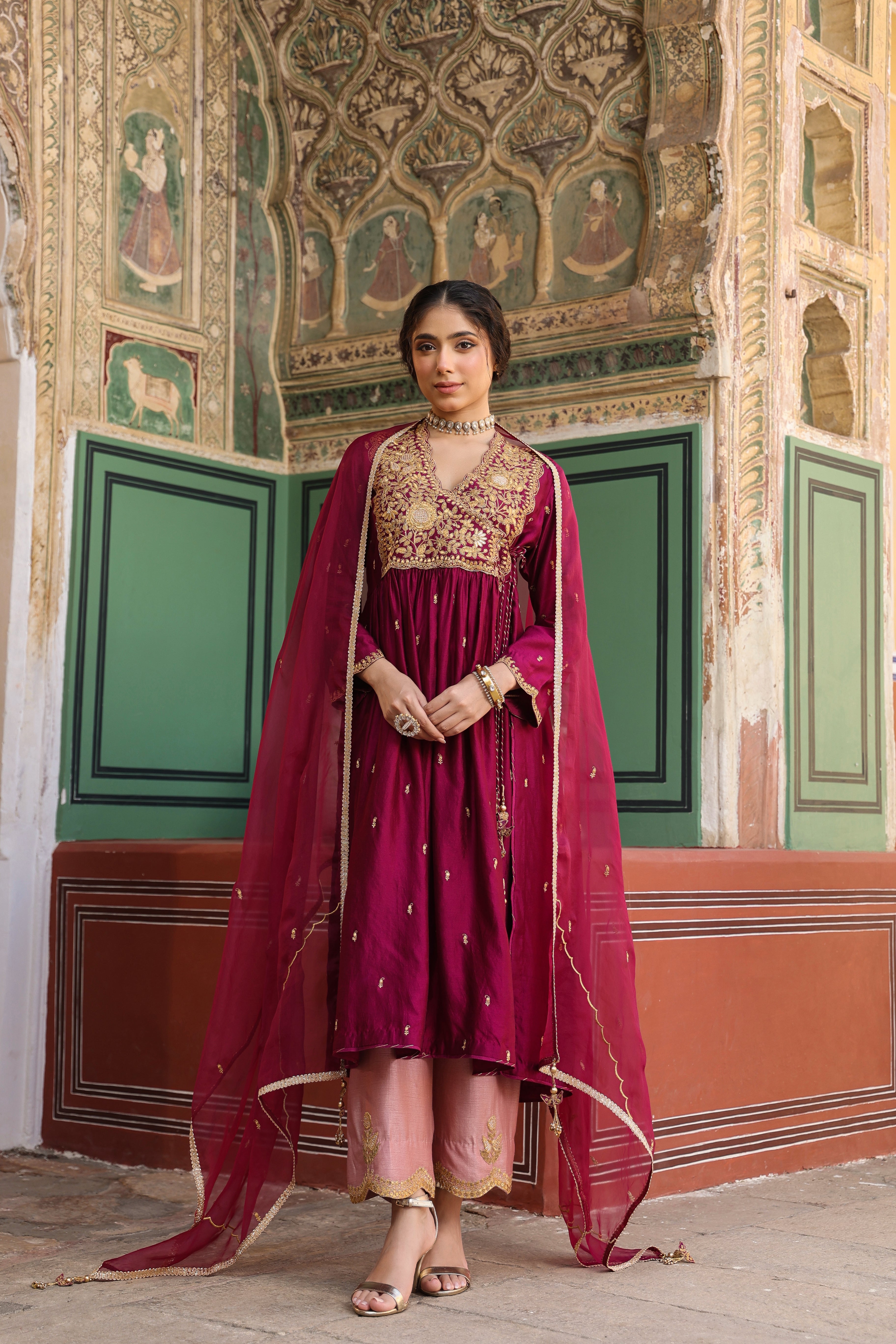 Wine Color Riwayat Overlap Frockstyle Kurta Set